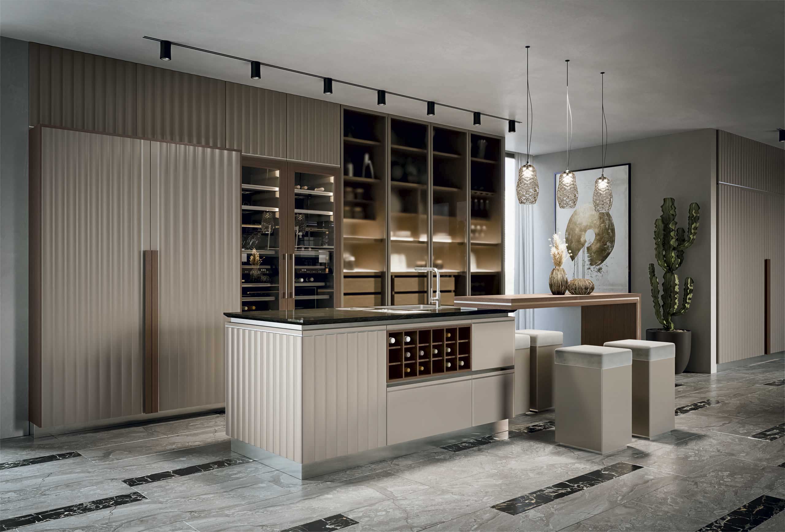 Cucina di lusso moderna su misura Materia di Martini Interiors in noce e finiture metallizzate