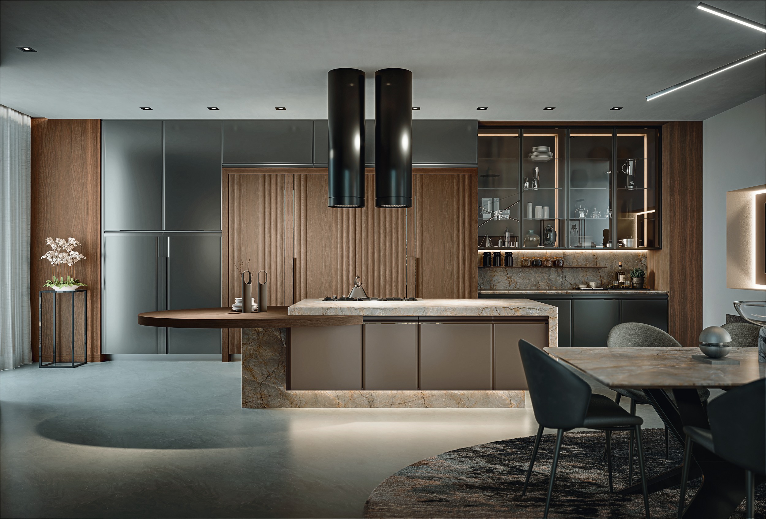 Cucina di lusso moderna su misura Materia di Martini Interiors in noce e finiture metallizzate