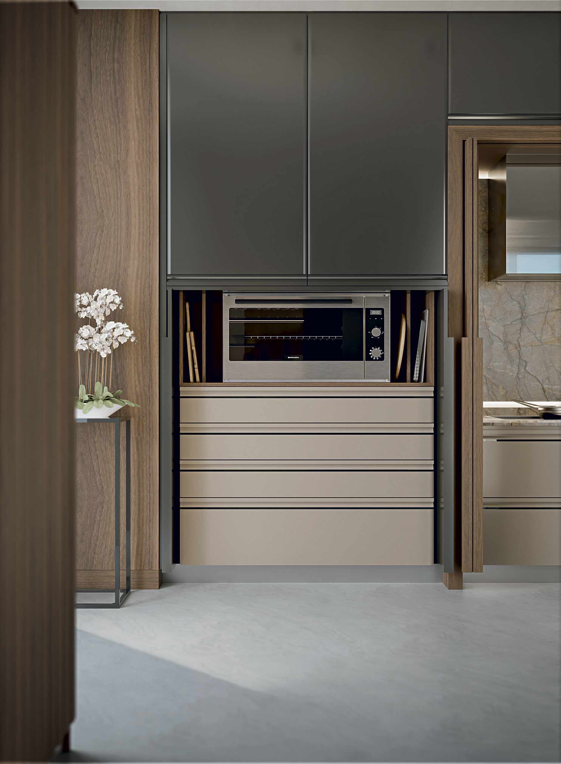 Cucina di lusso moderna su misura Materia di Martini Interiors in noce e finiture metallizzate