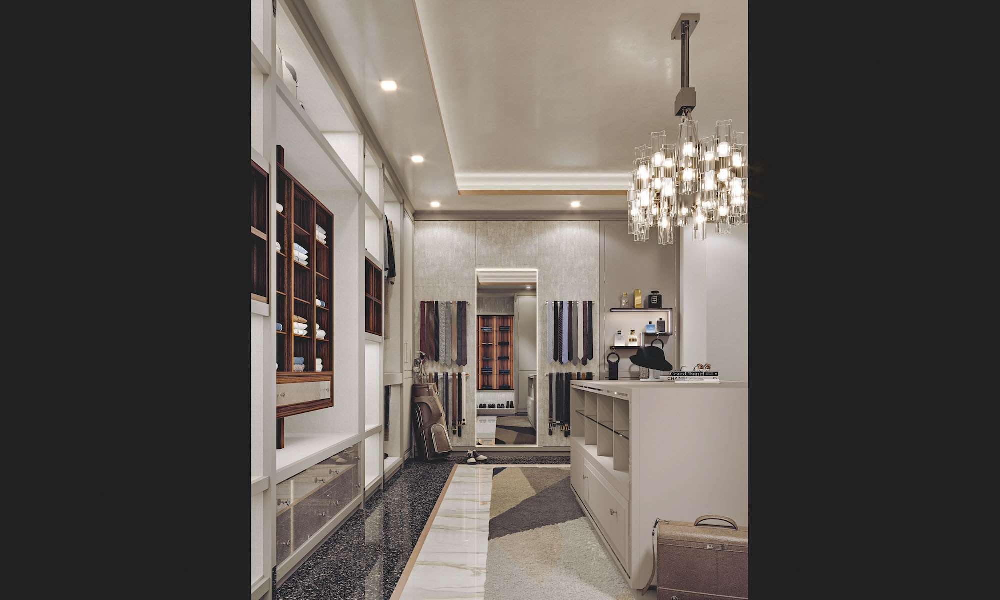 Cabina armadio su misura di lusso con finiture grigio quarzo e ebano macassar, design Martini Verona