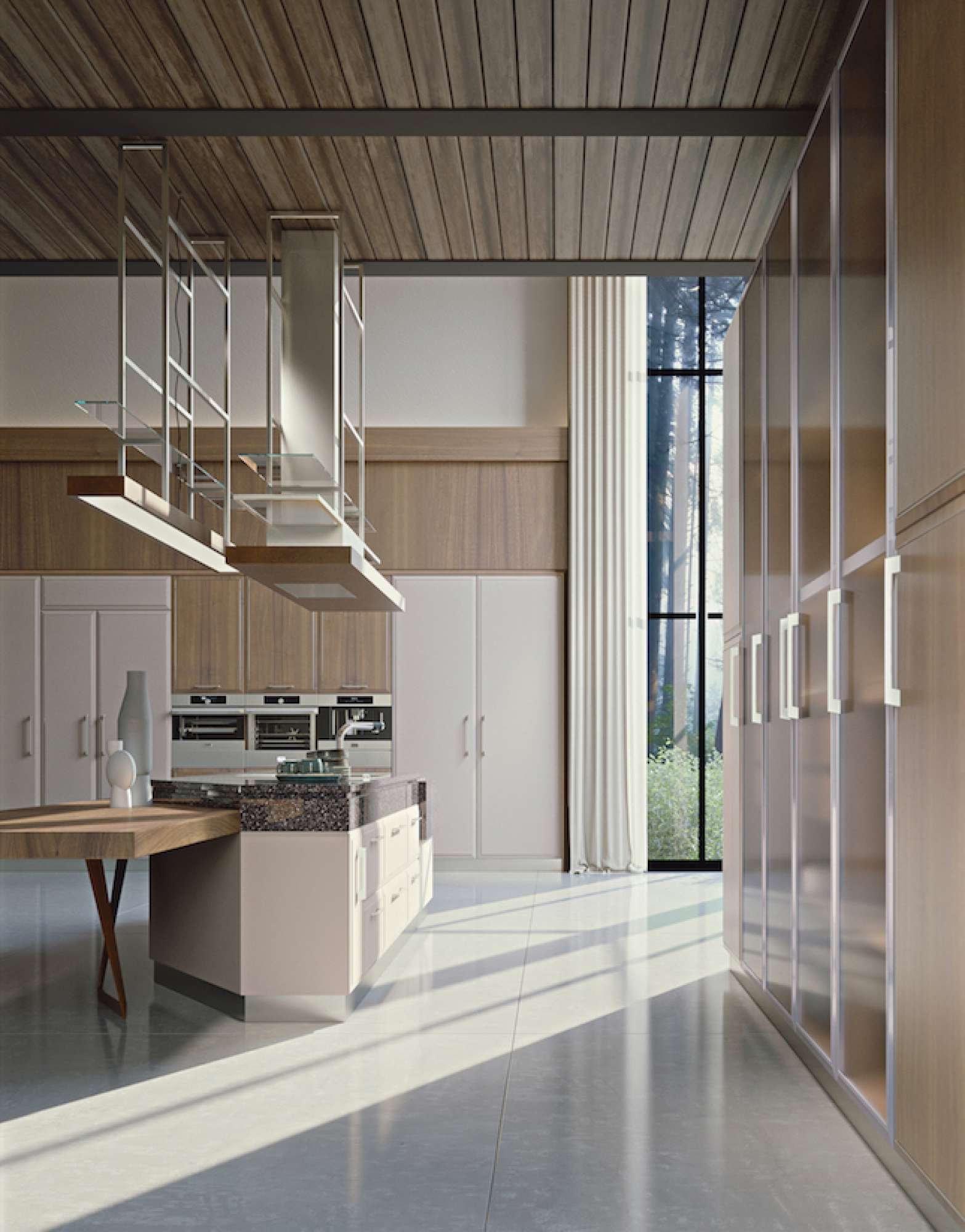 Cucina su misura con finiture creta e inserti in acciaio satinato, design Martini Verona