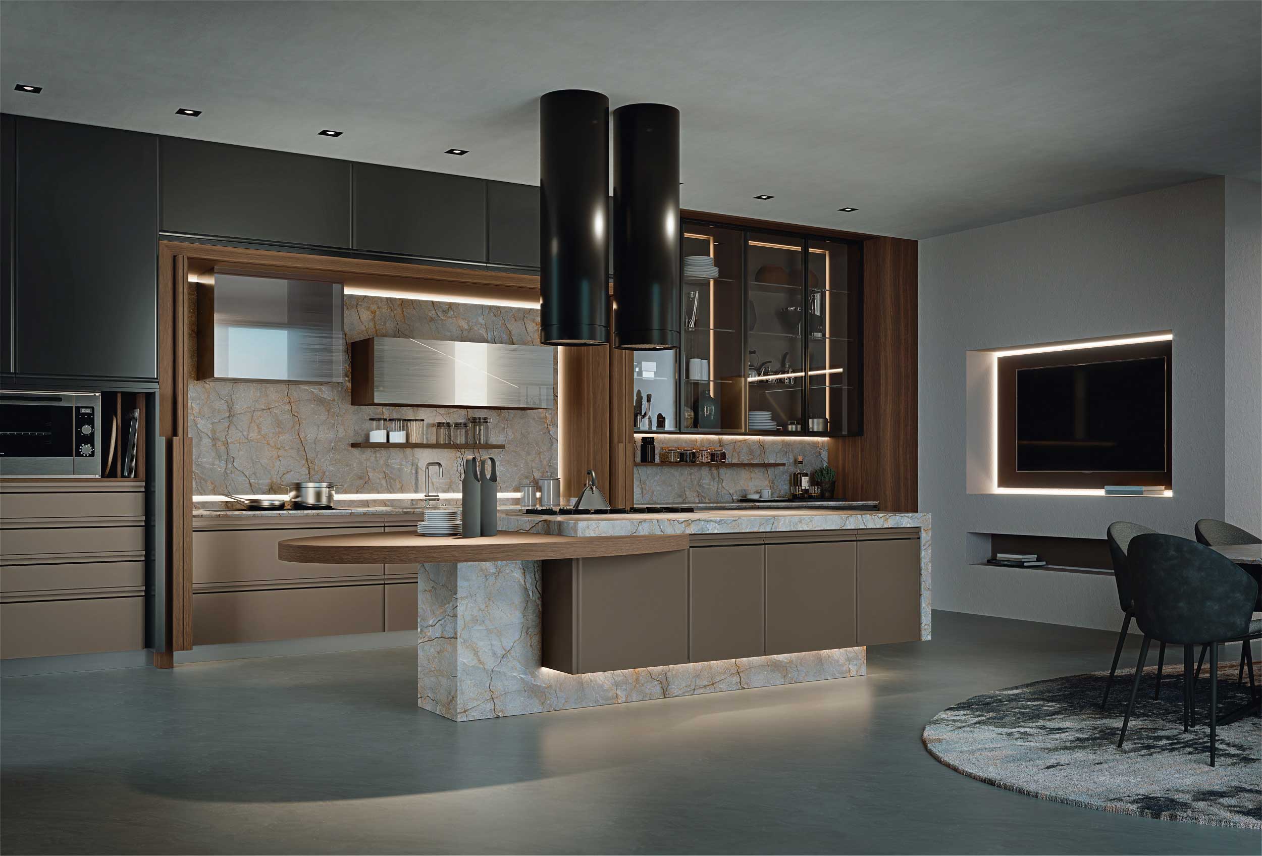 Cucina di lusso moderna su misura Materia di Martini Interiors in noce e finiture metallizzate
