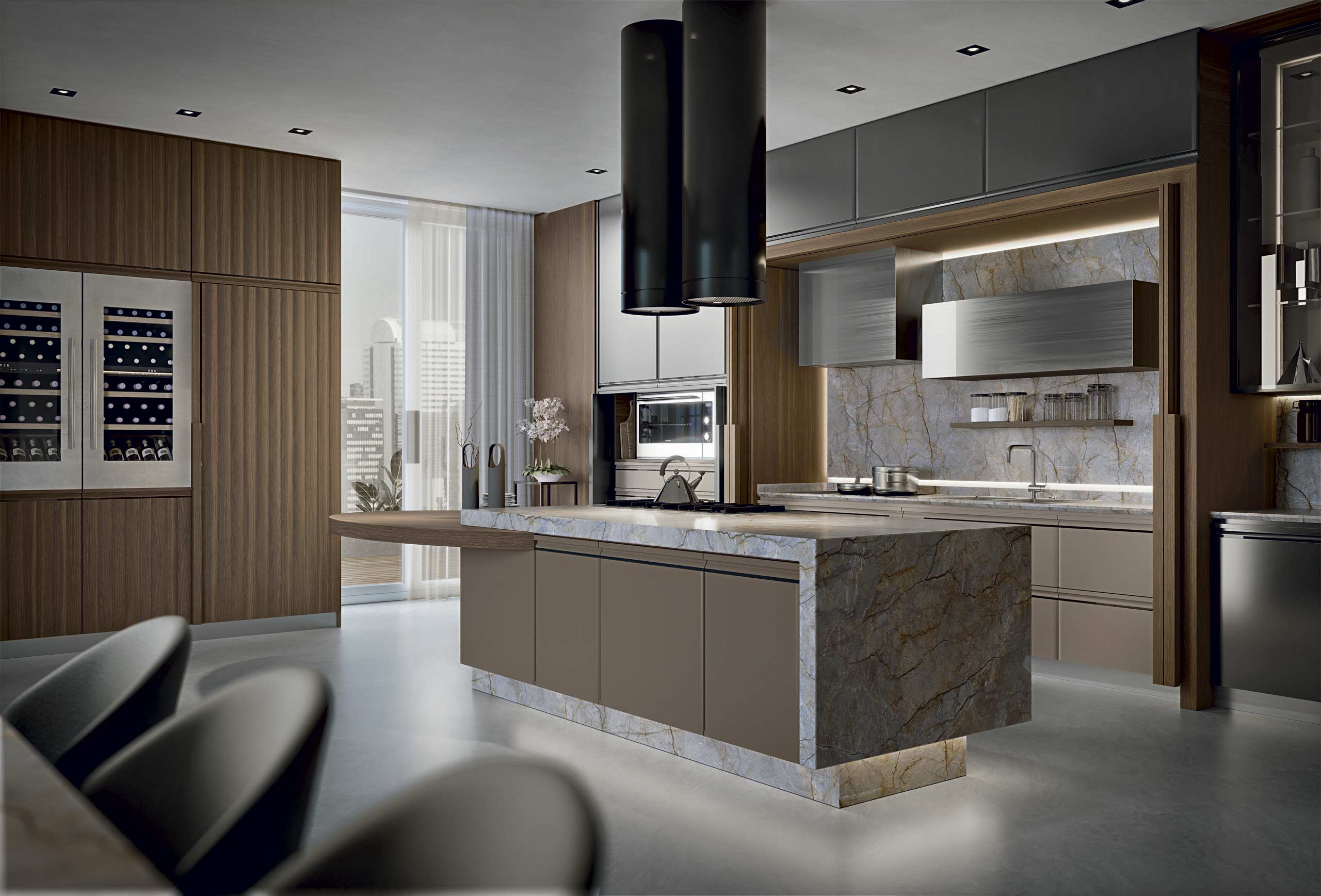 Cucina di lusso moderna su misura Materia di Martini Interiors in noce e finiture metallizzate