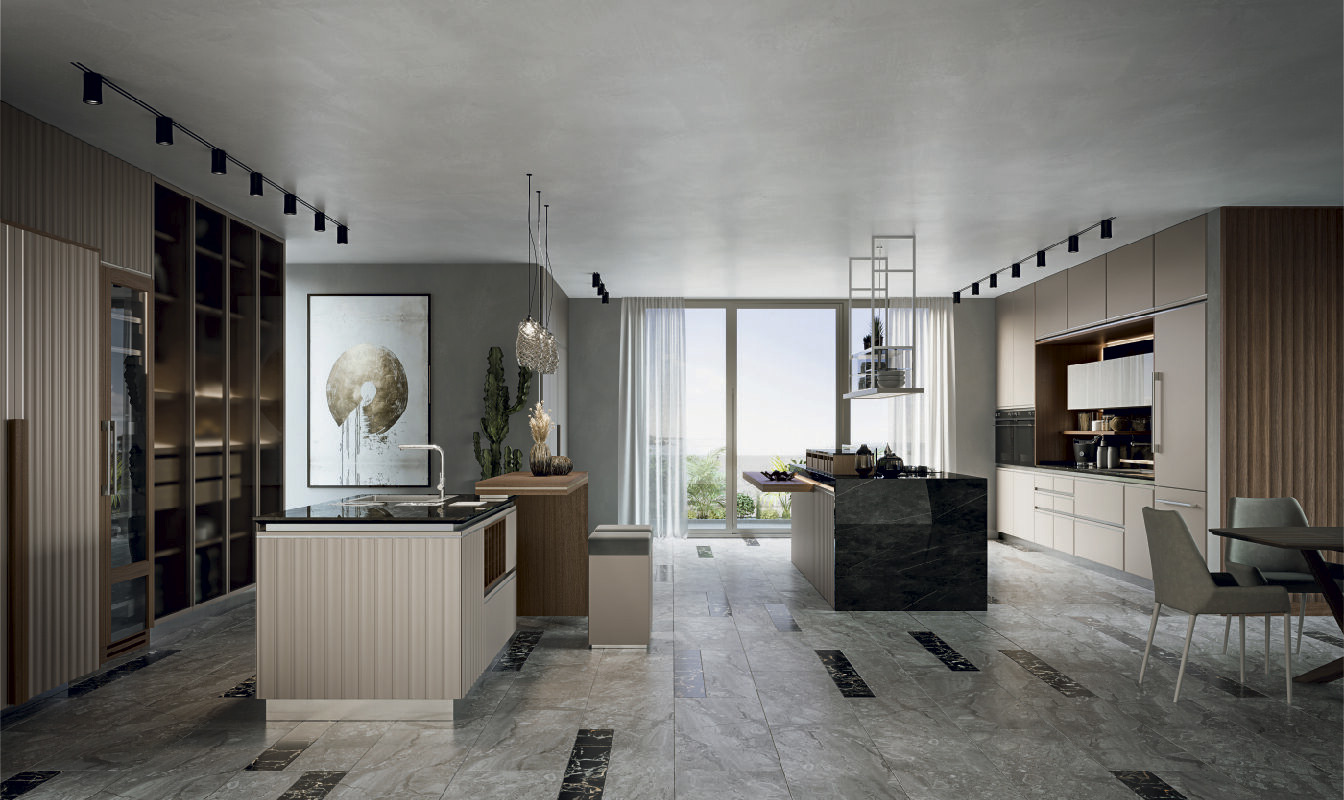 Cucina di lusso moderna su misura Materia di Martini Interiors in noce e finiture metallizzate