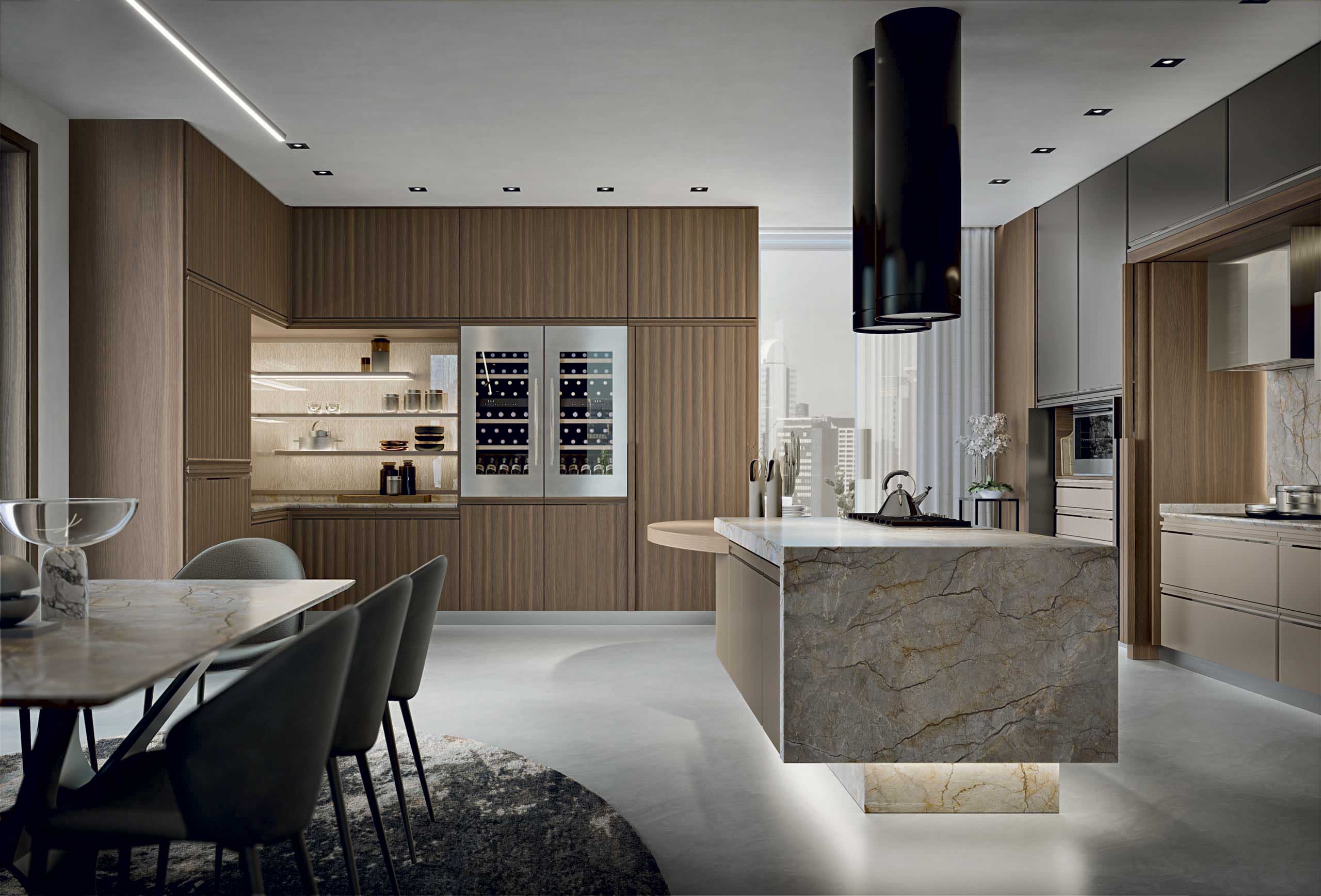 Cucina di lusso moderna su misura Materia di Martini Interiors in noce e finiture metallizzate