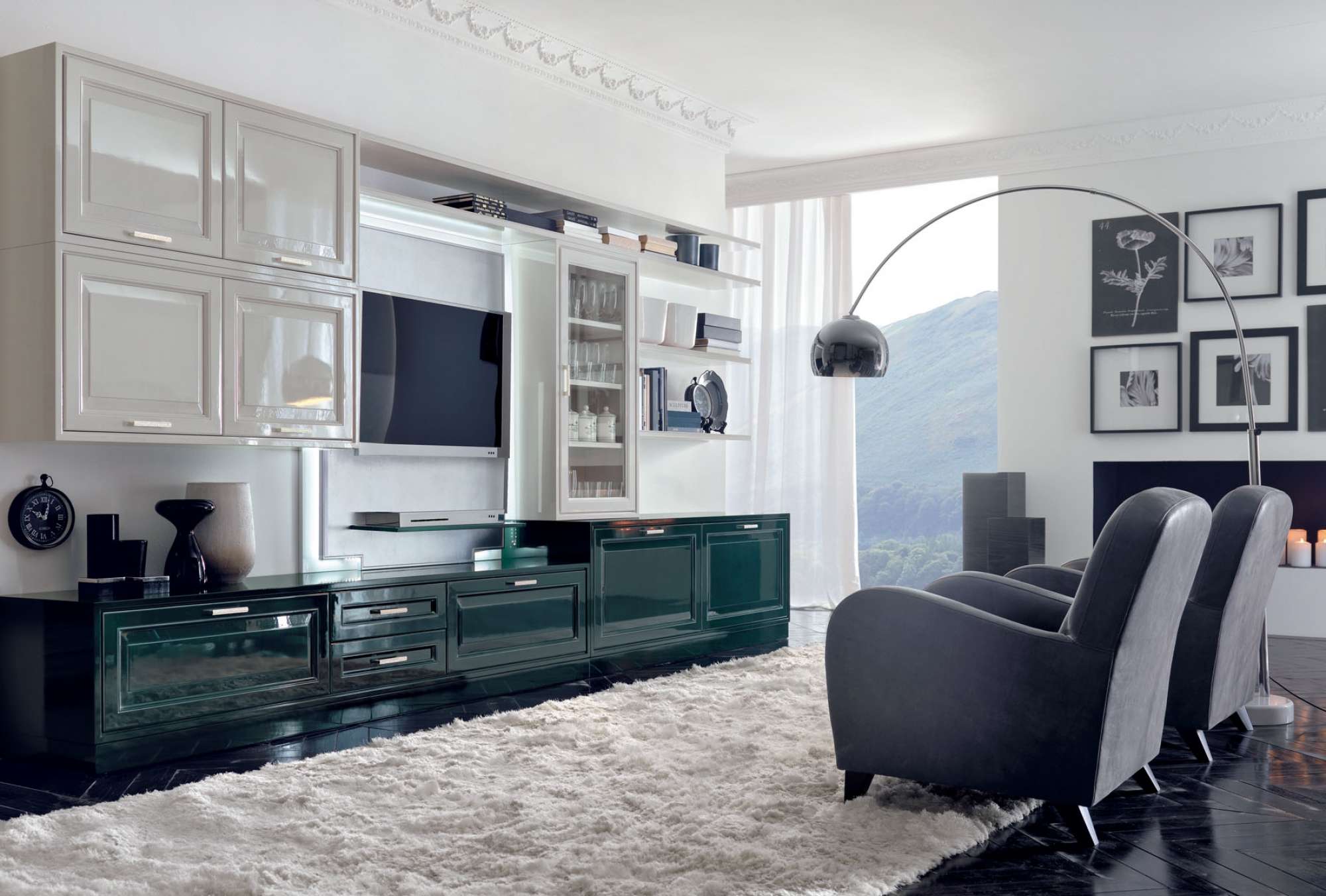 Mobili per zona giorno classico di lusso su misura, colore grigio e verde, design Martini Verona