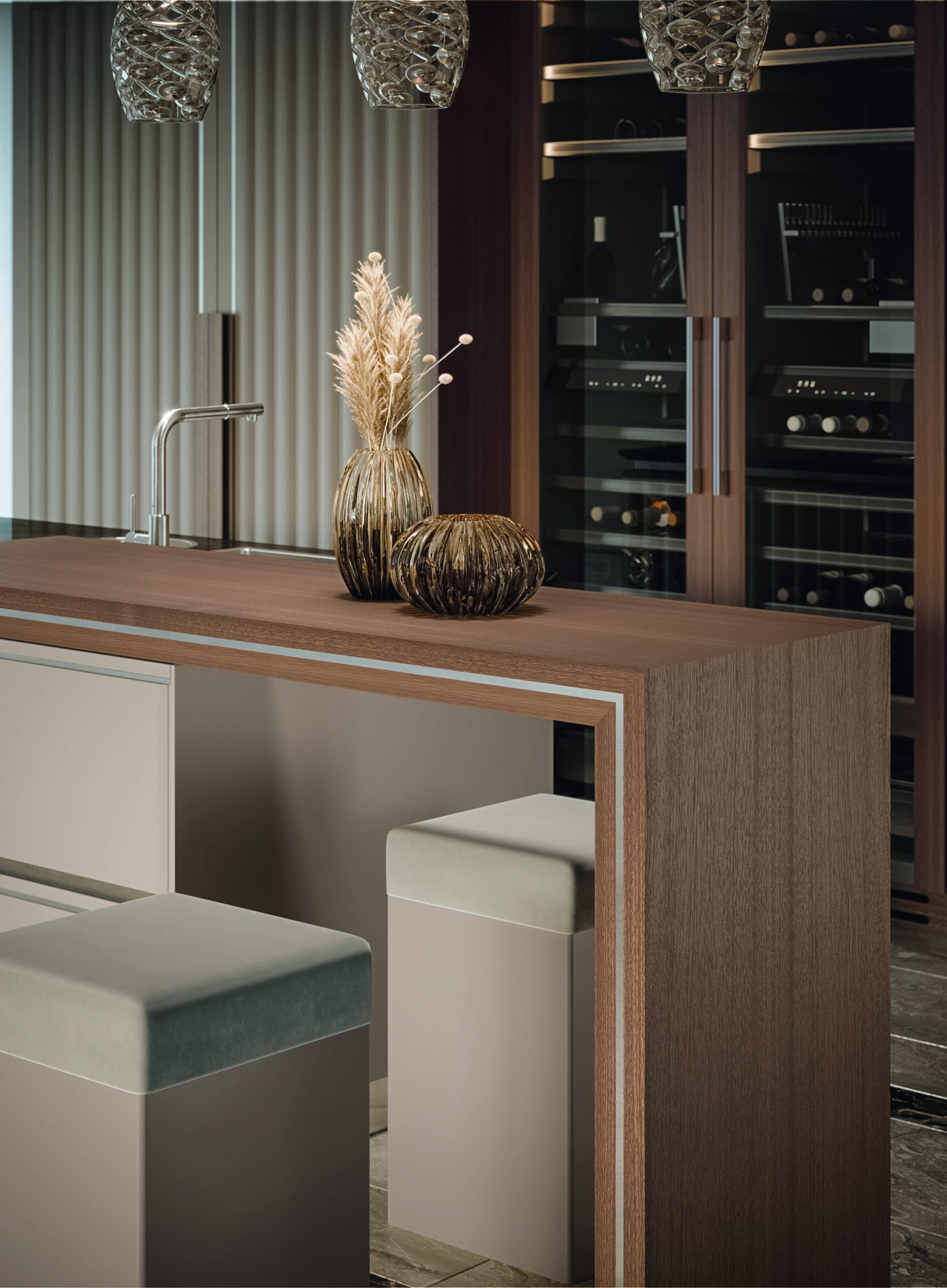 Martini Verona – cucina di lusso su misura con penisola in noce, sedute integrate e dettagli decorativi metallici