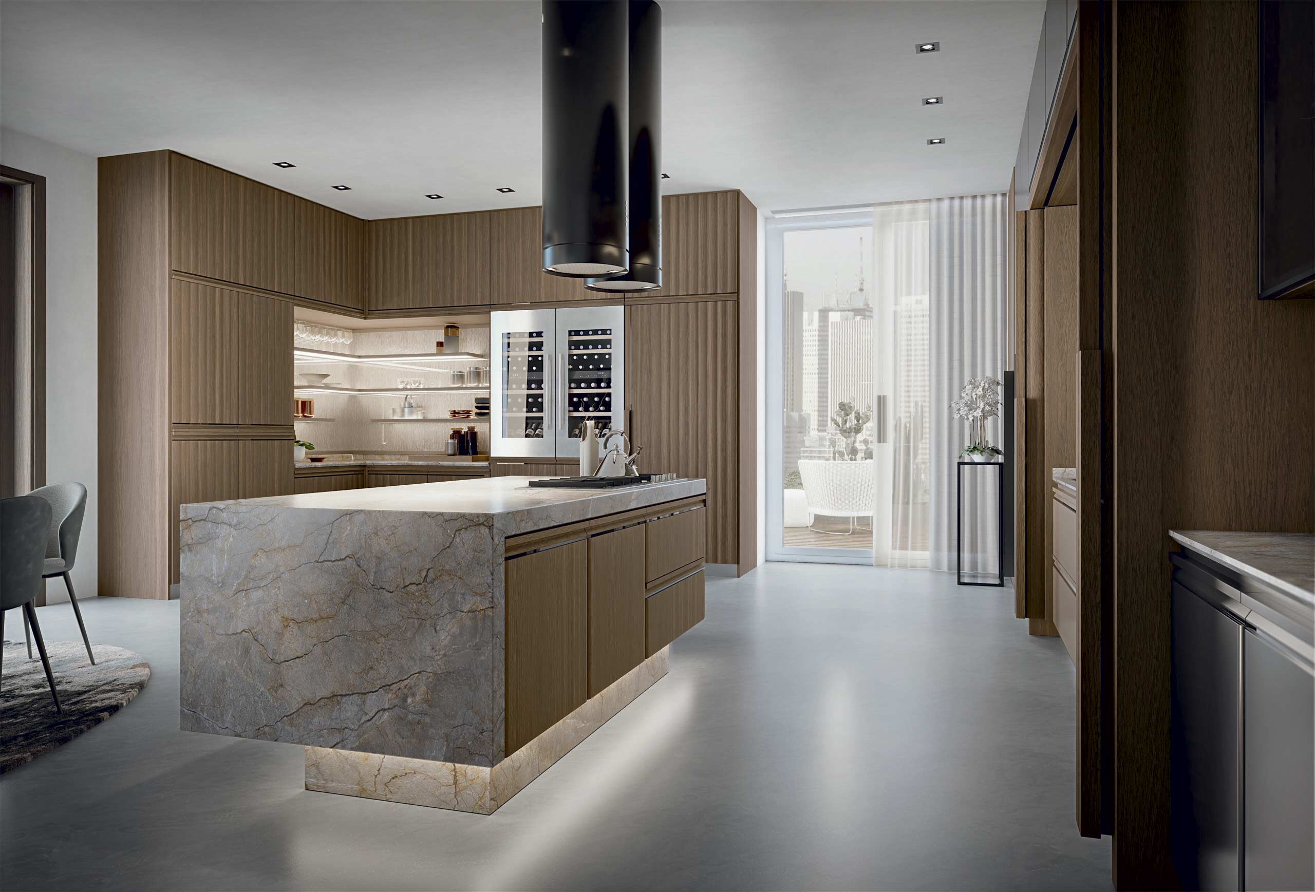 Cucina di lusso moderna su misura Materia di Martini Interiors in noce e finiture metallizzate