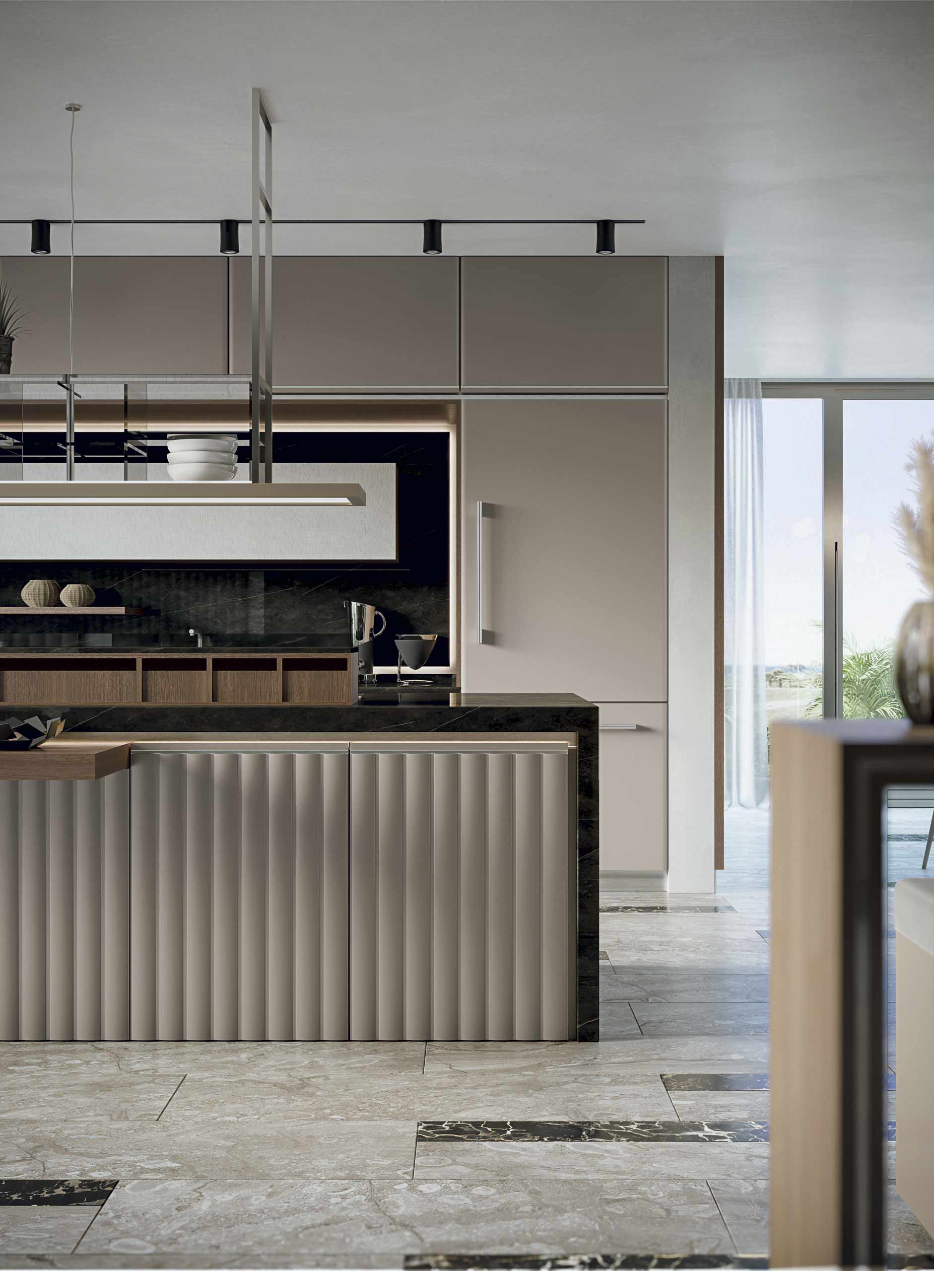 Martini Verona – cucina di lusso su misura con isola cannettata, colonne a tutta altezza e materiali contemporanei