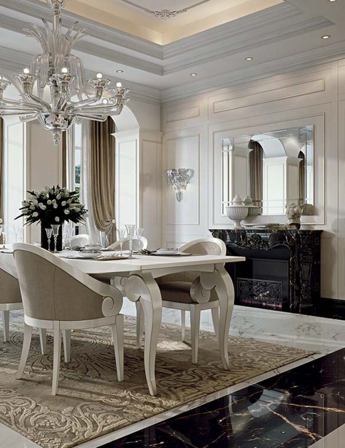 Cucina su misura laccata bianca e dettagli in acciaio, dettaglio tavolo e sedie sala pranzo, design Martini Verona