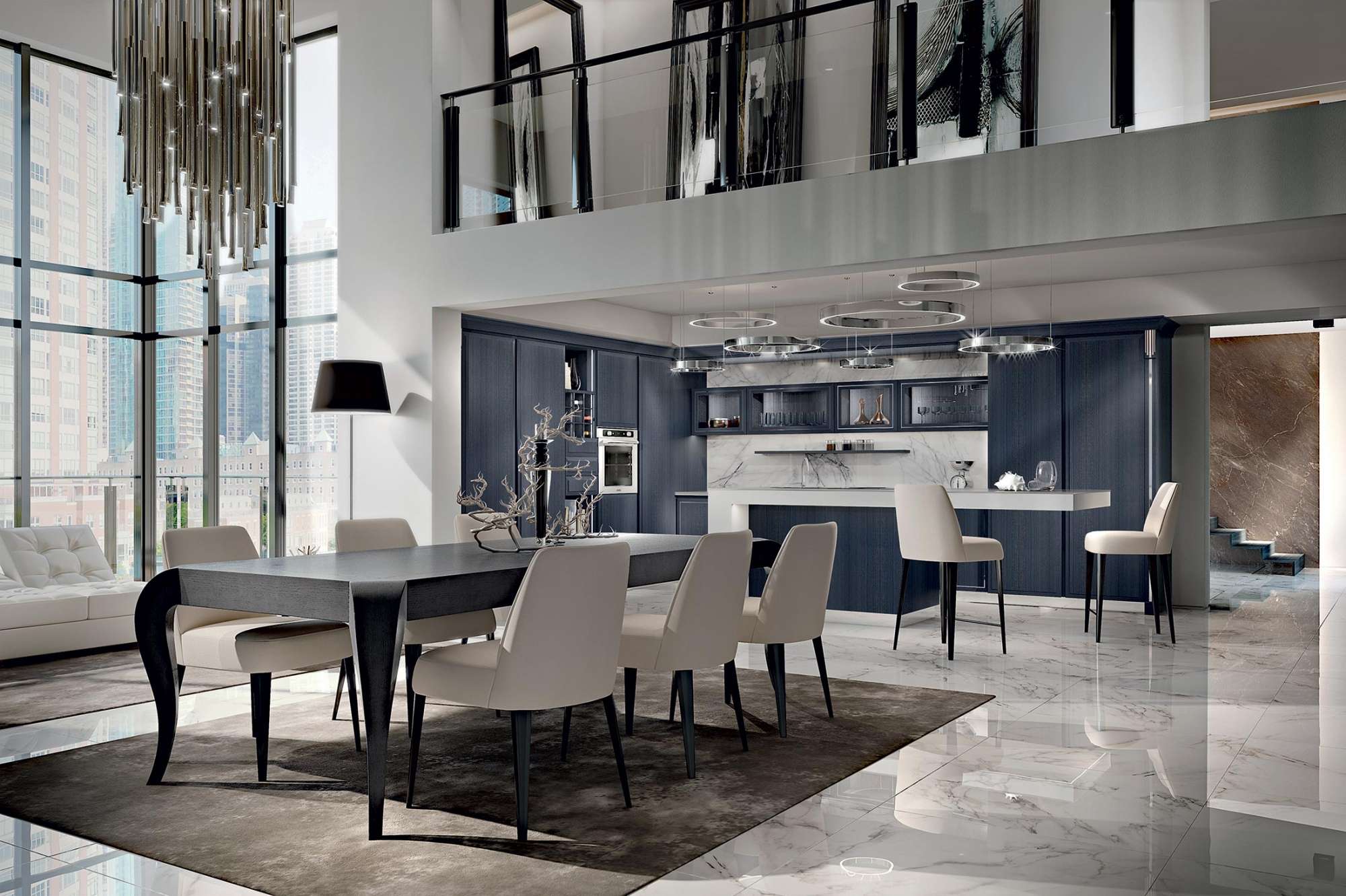 Cucina con isola su misura blu e dettagli in metallo satinato, design Martini Verona