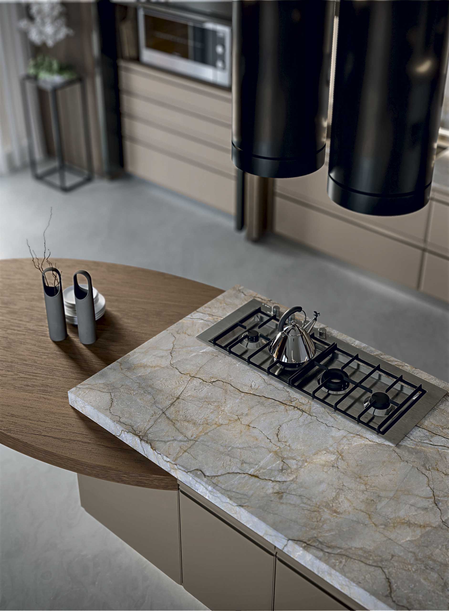 Cucina di lusso moderna su misura Materia di Martini Interiors in noce e finiture metallizzate