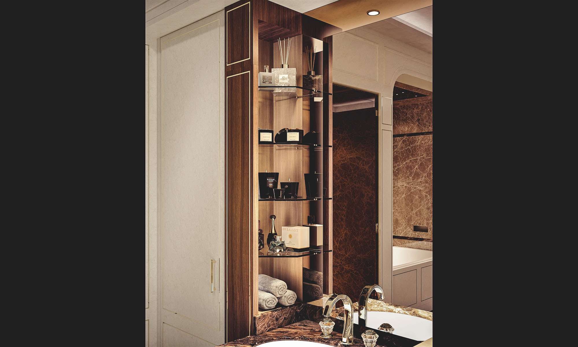 Mobili per bagno moderno di lusso su misura, arredo in palissandro India e finiture in ottone. Design Martini Verona