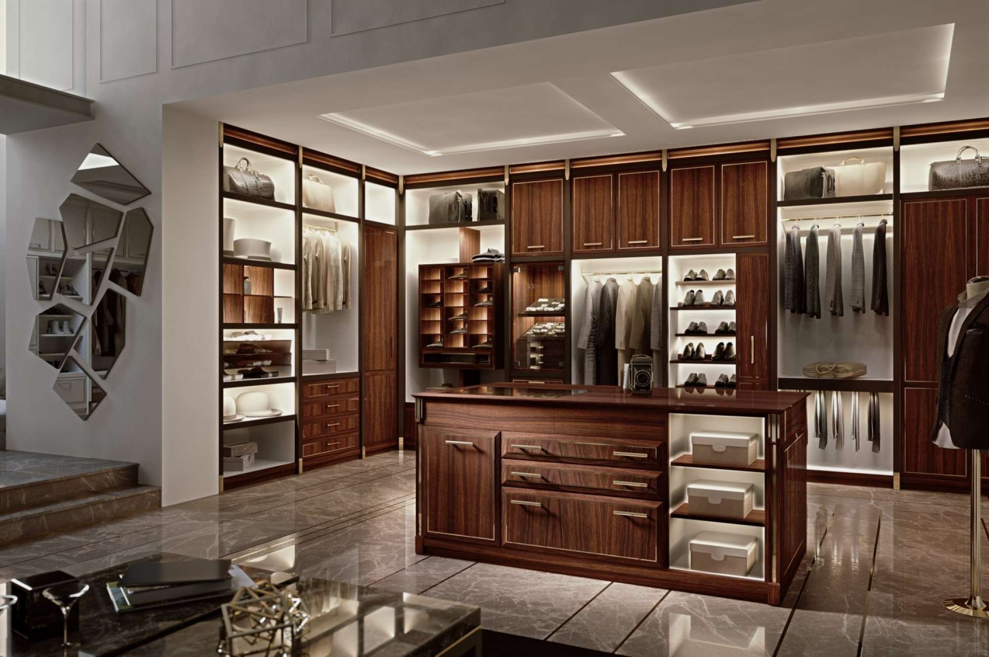 Cabina armadio su misura di lusso con finiture in Ebano lucido e ottone lucido, design Martini Verona