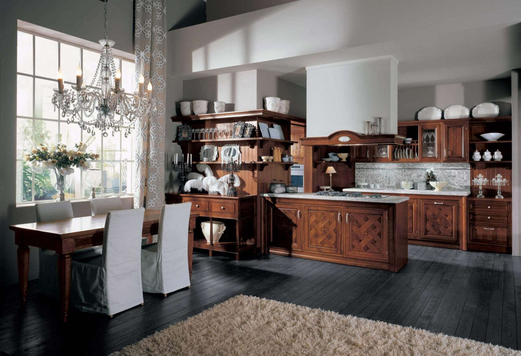 Cucina e sala da pranzo su misura di lusso in legno massiccio di noce, design Martini Verona