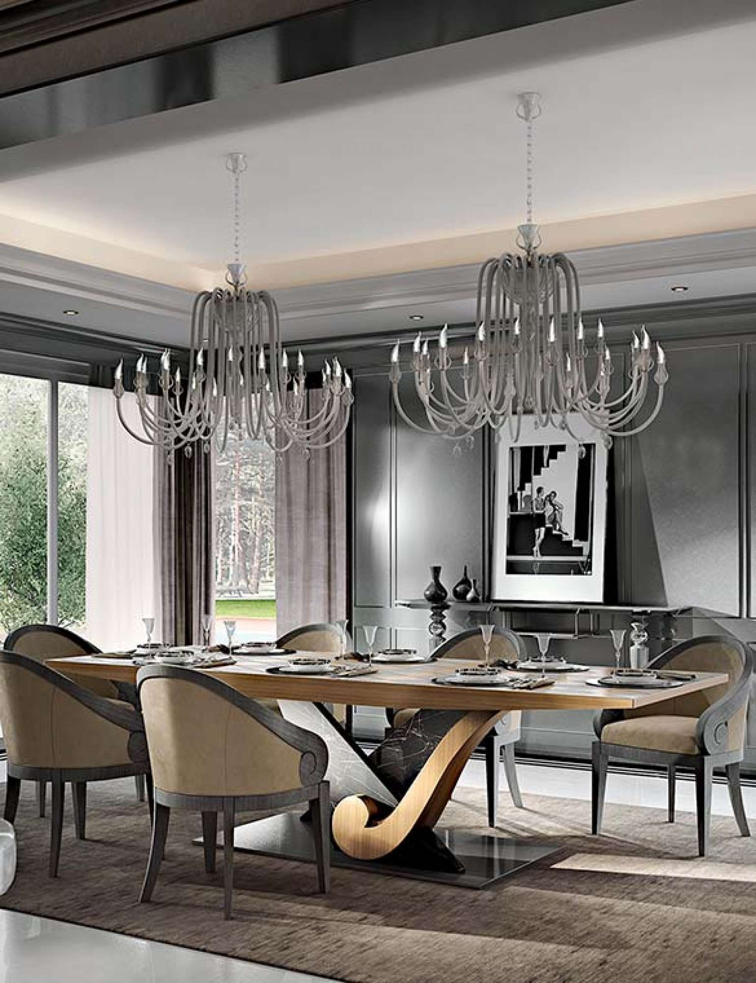 Cucina su misura con finiture laccato grigio con isola in eucalipto e dettagli in acciaio, design Martini Verona