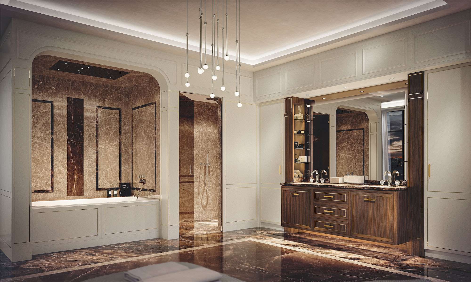 Mobili per bagno moderno di lusso su misura, arredo in palissandro India e finiture in ottone. Design Martini Verona