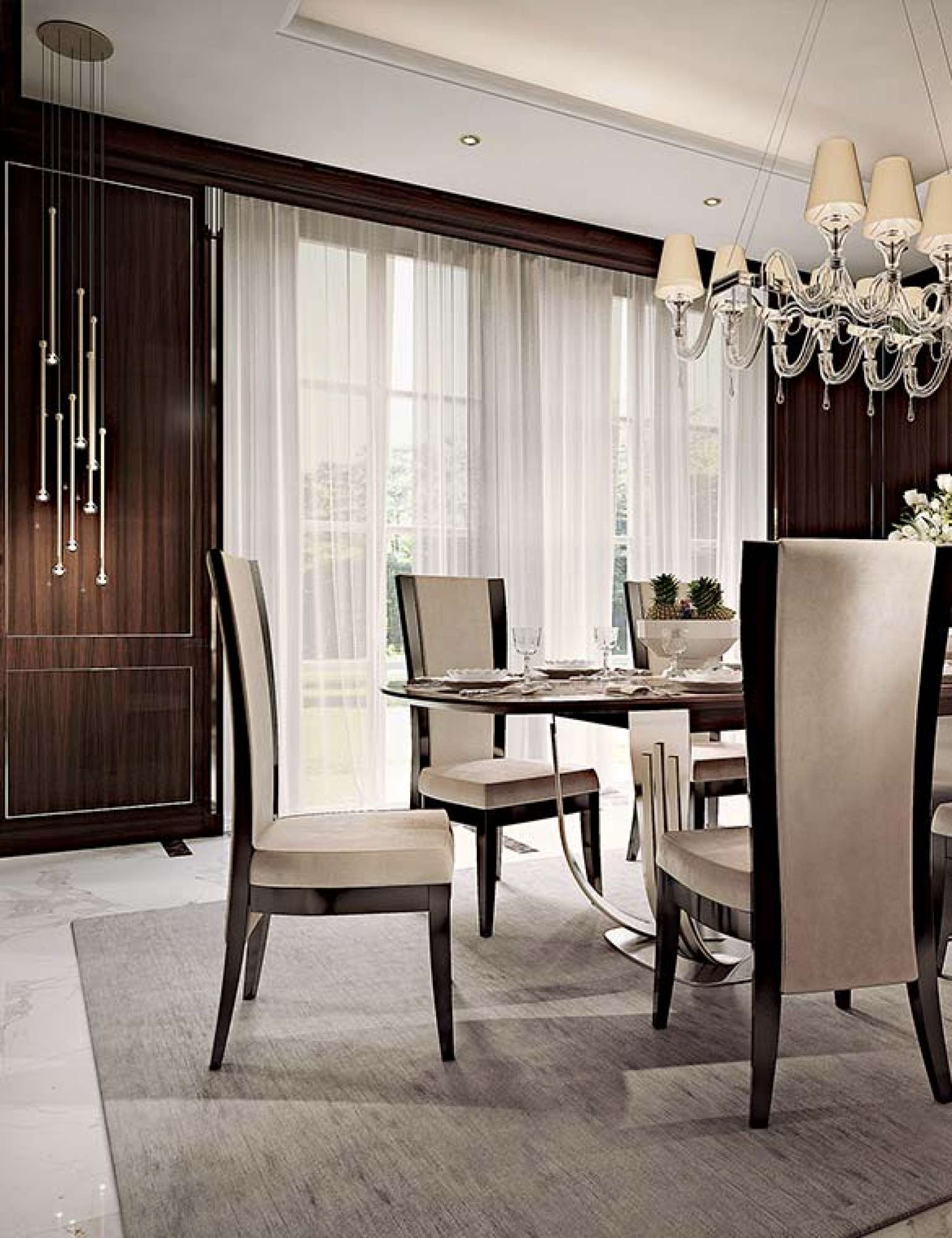 Cucina con isola su misura in ebano con finiture in palissandro indiano e inserti in acciaio, dettaglio tavolo e sedie, design Martini Verona