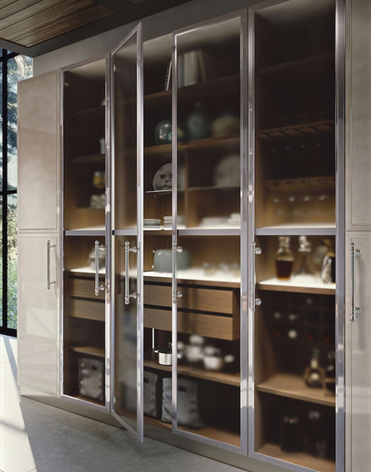 Cucina con isola su misura con finiture madreperla e noce, design Martini Verona