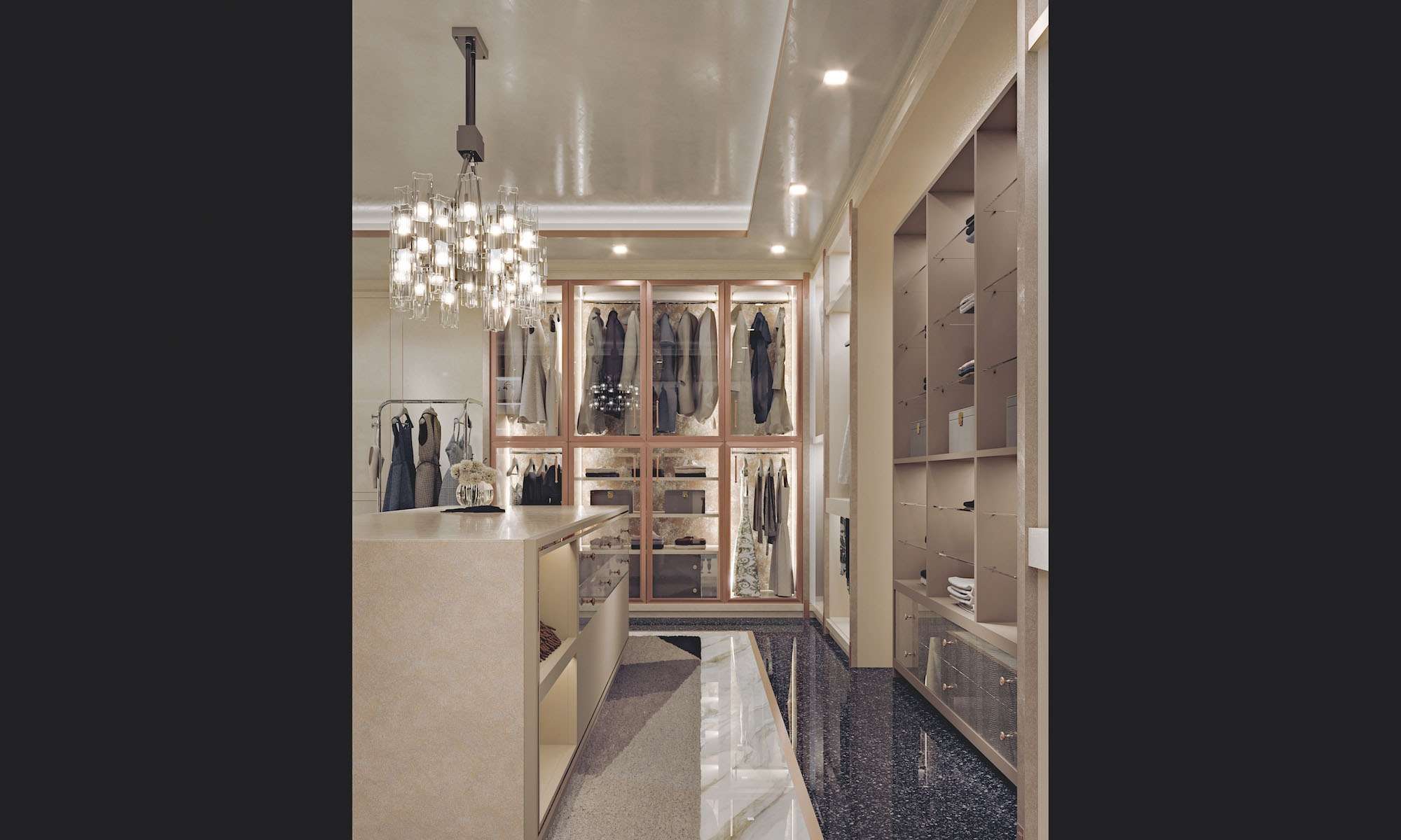 Cabina armadio su misura di lusso con finiture avorio perlato e rame, design Martini Verona