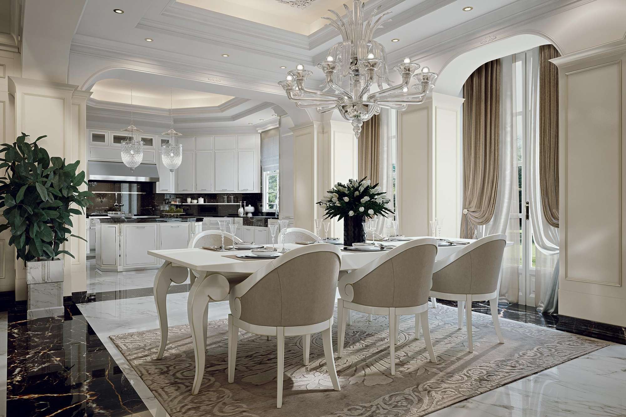 Cucina su misura laccata bianca e dettagli in acciaio, dettaglio sala da pranzo, design Martini Verona