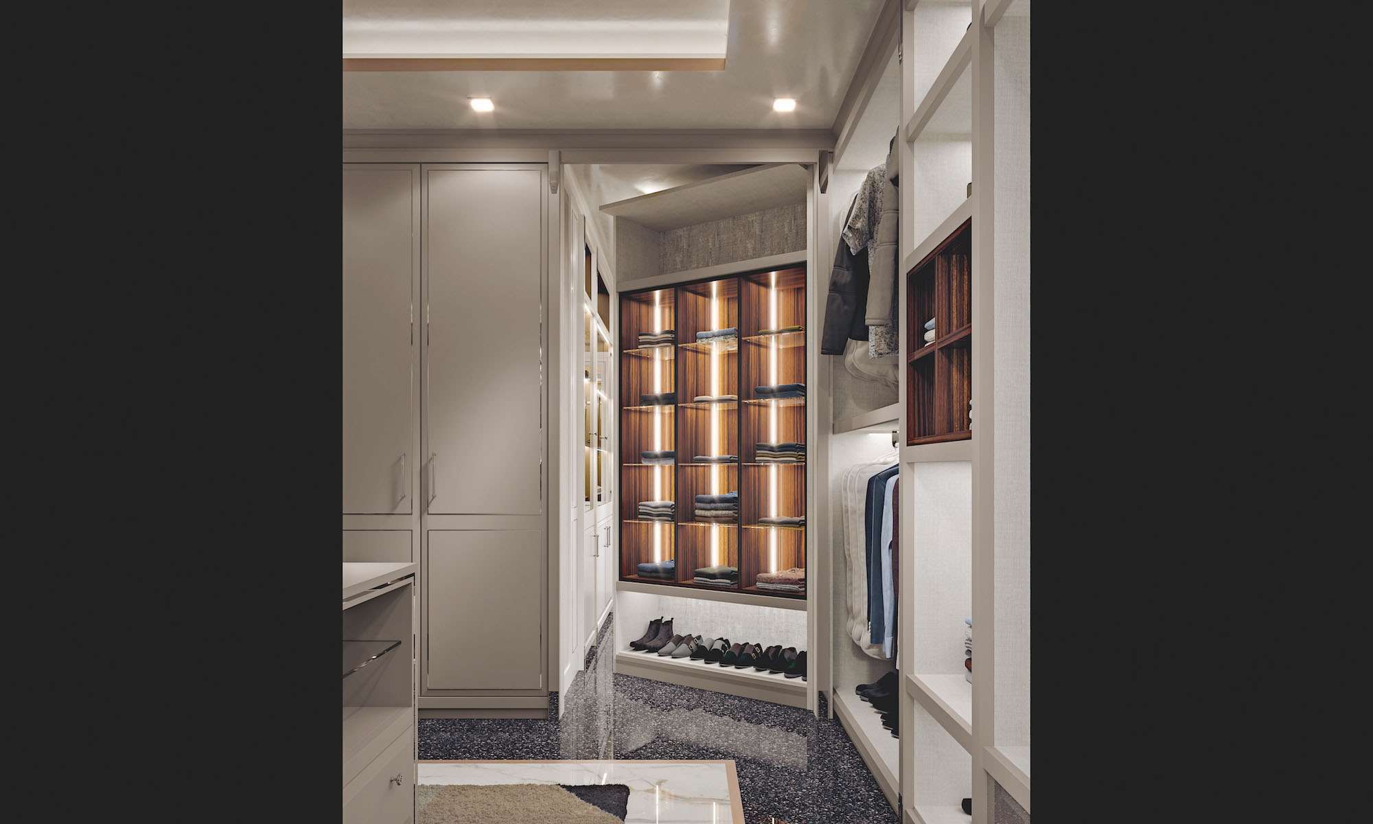 Cabina armadio su misura di lusso con finiture grigio quarzo e ebano macassar, design Martini Verona