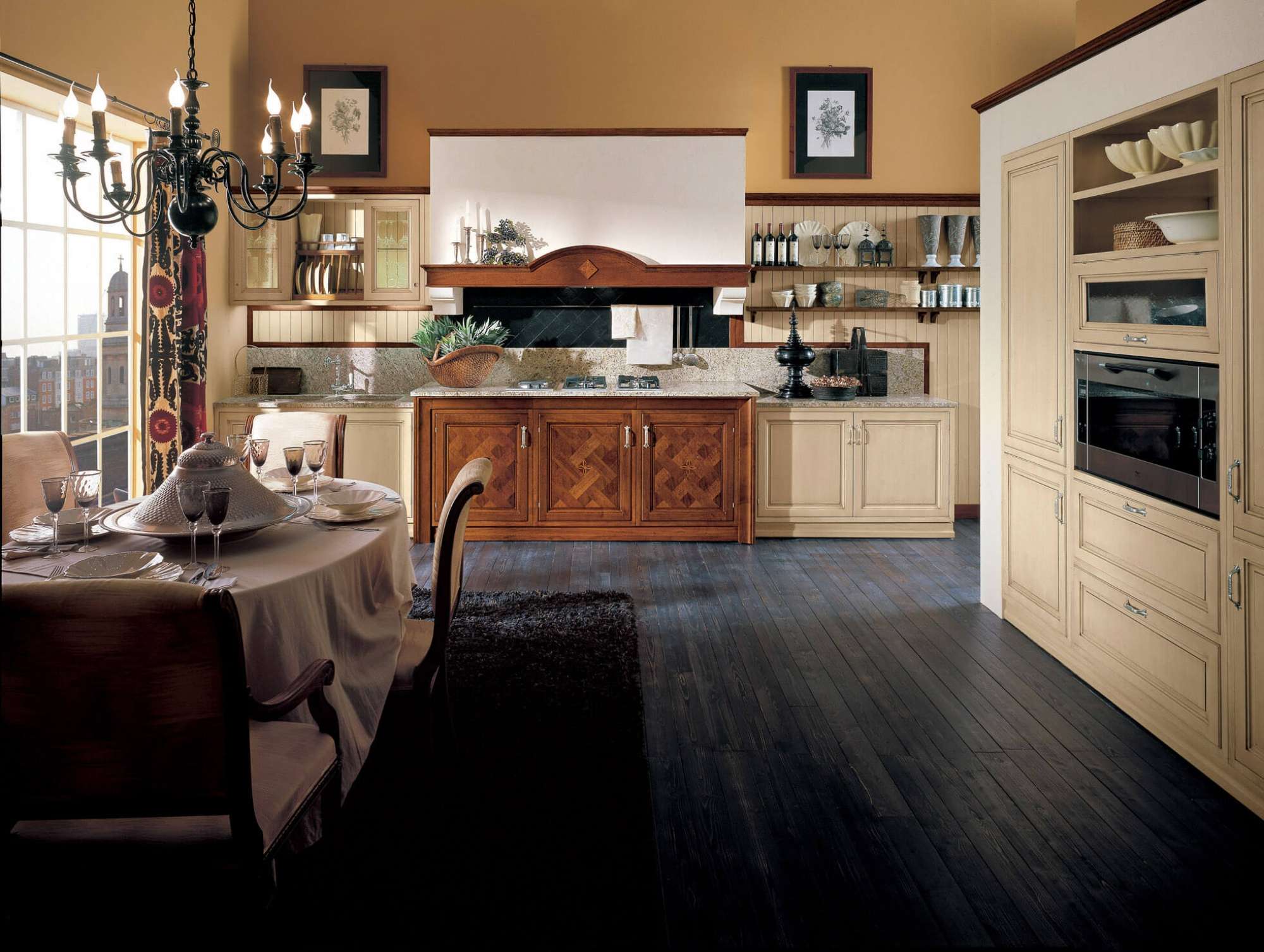 Cucina open space su misura di lusso in legno massiccio di noce e laccatura panna, design Martini Verona