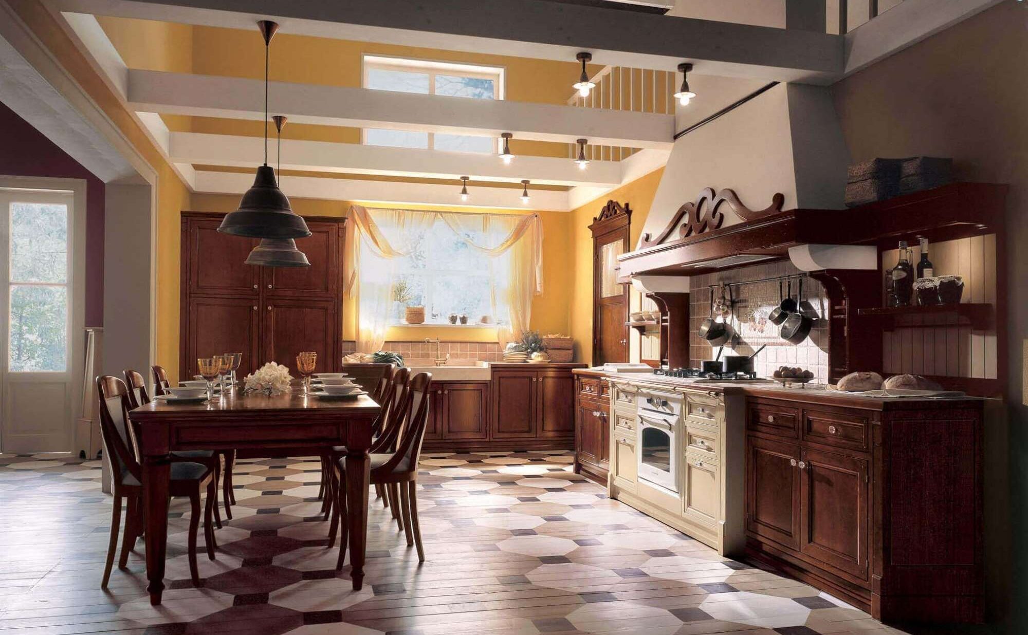 Cucina e sala da pranzo classica su misura in legno massiccio con finiture castagno antiquariato, design Martini Verona