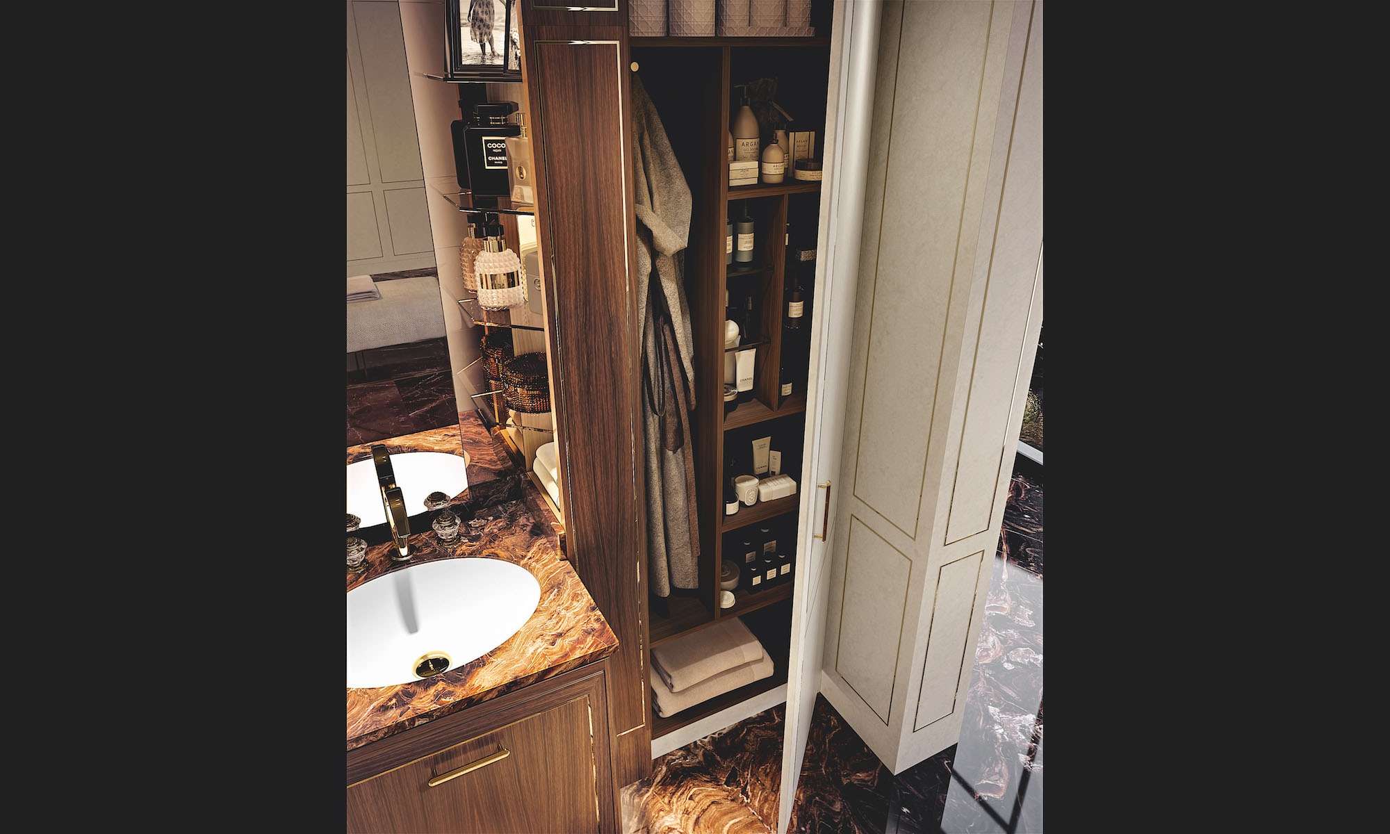 Mobili per bagno moderno di lusso su misura, arredo in palissandro India e finiture in ottone. Design Martini Verona