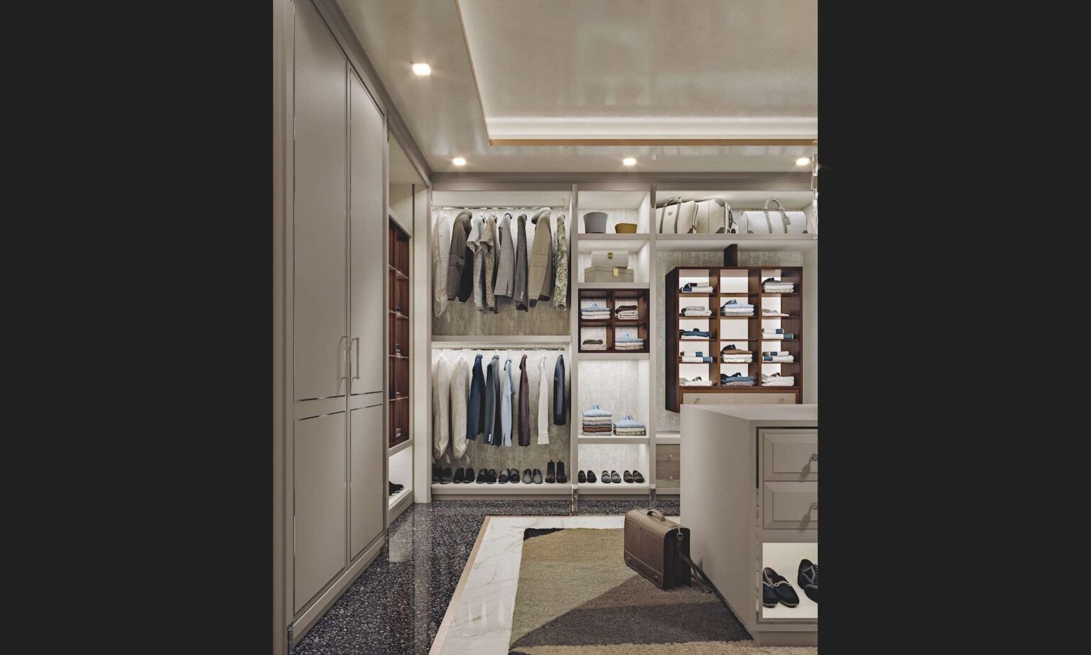 Cabina armadio su misura di lusso con finiture grigio quarzo e ebano macassar, design Martini Verona