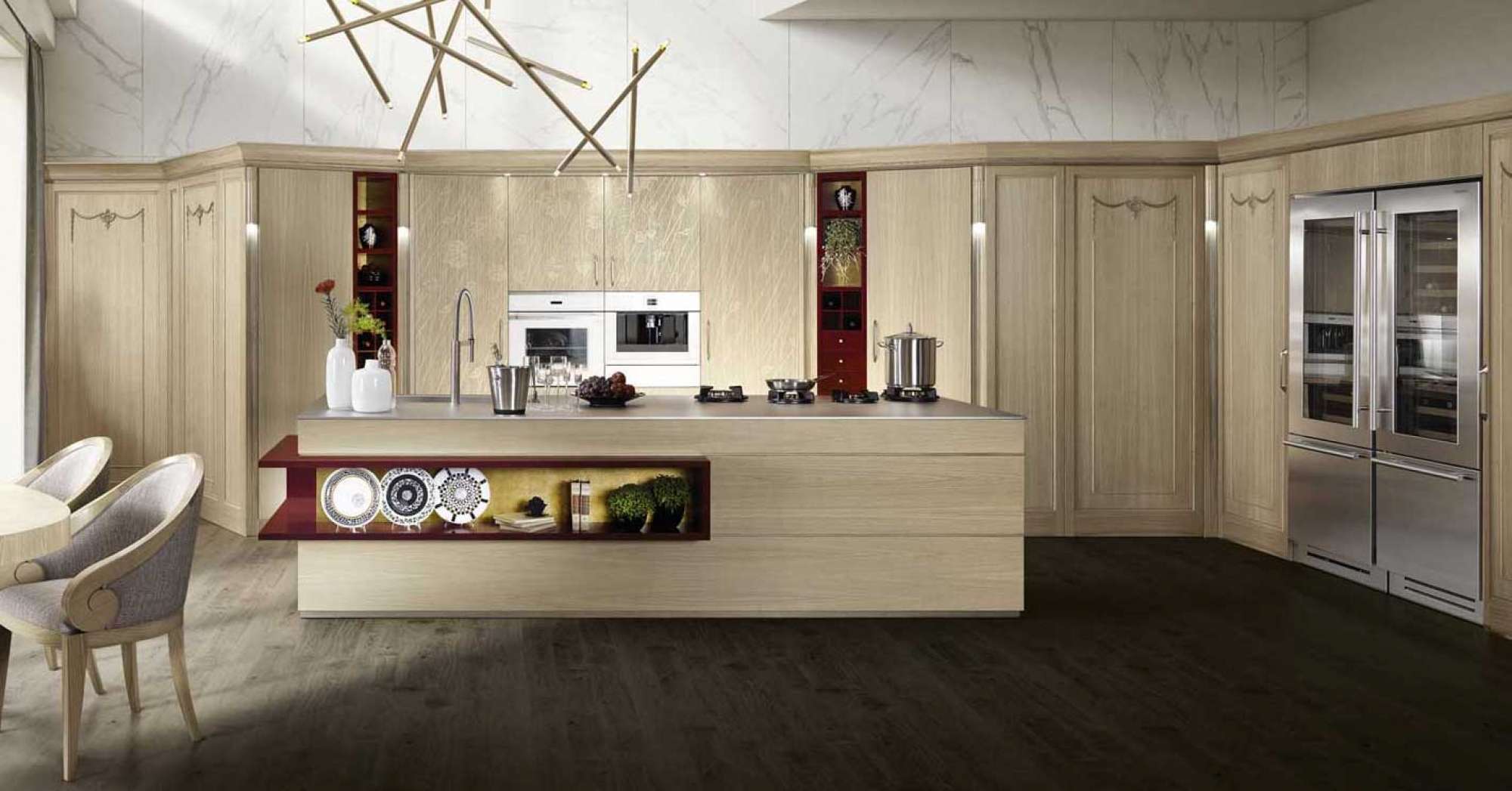 Cucina su misura in rovere con laccato rosso e top in acciaio, design Martini Verona