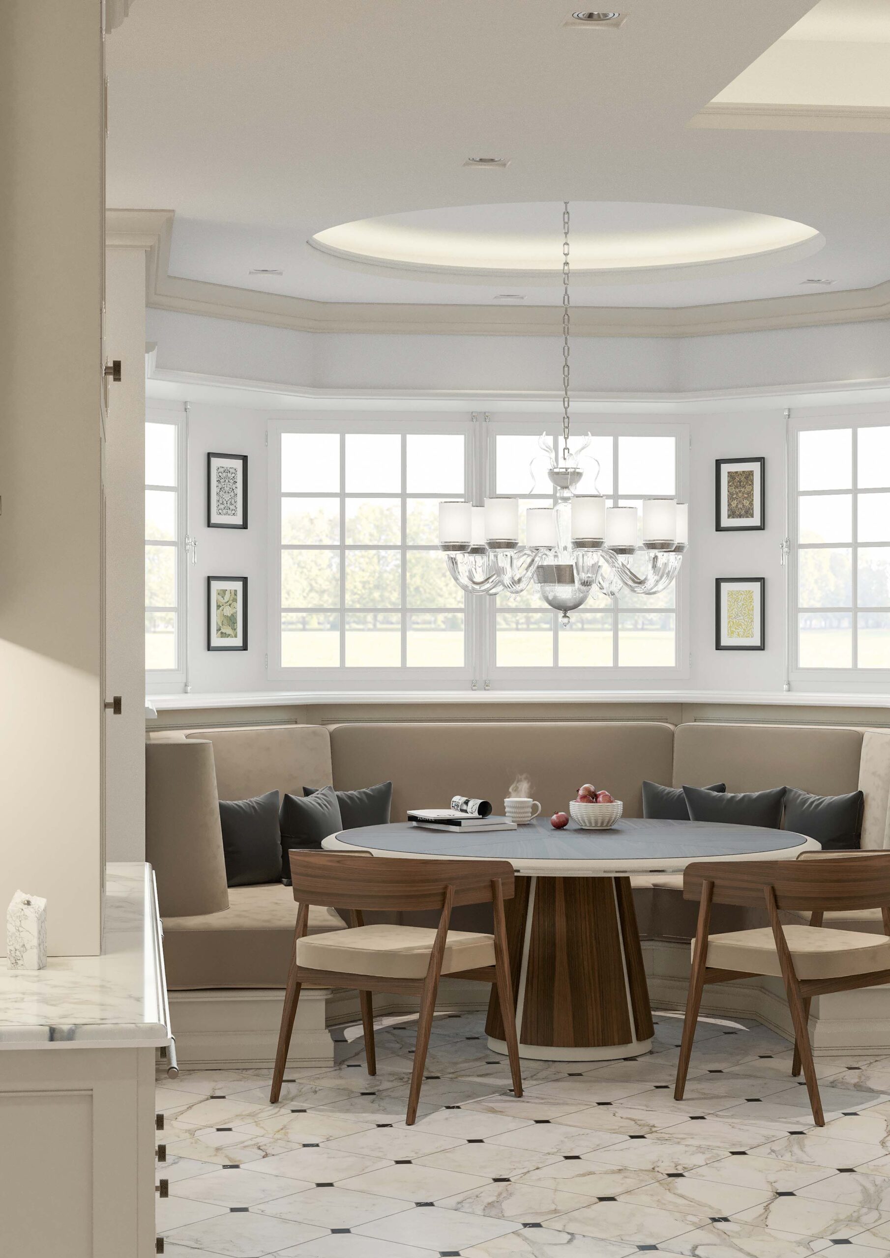 Martini Verona – zona dining integrata con cucina su misura, tavolo centrale e seduta ad angolo su bow window