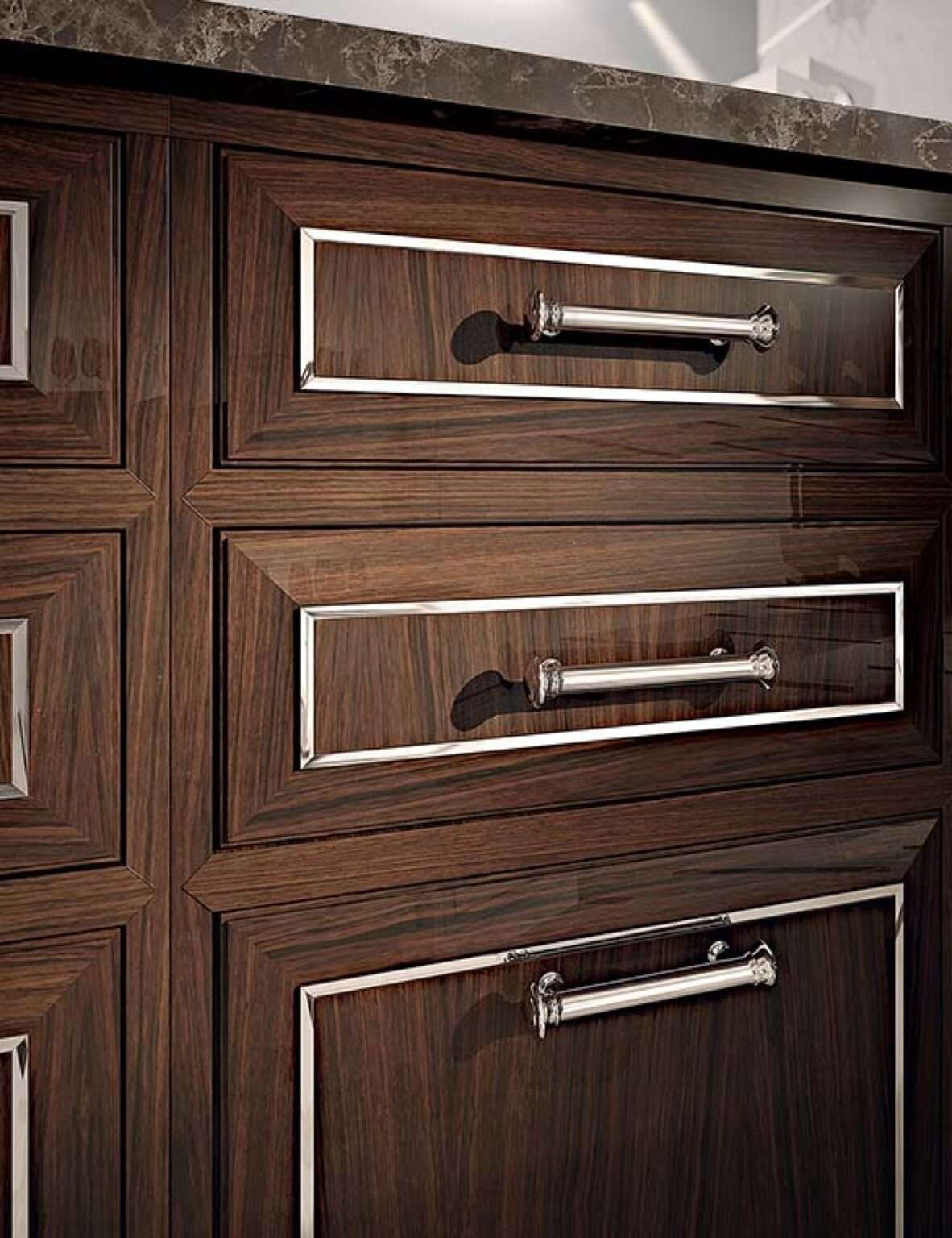 Cucina in ebano, finiture in palissandro indiano e inserti in acciaio, dettaglio pensili, design Martini Verona