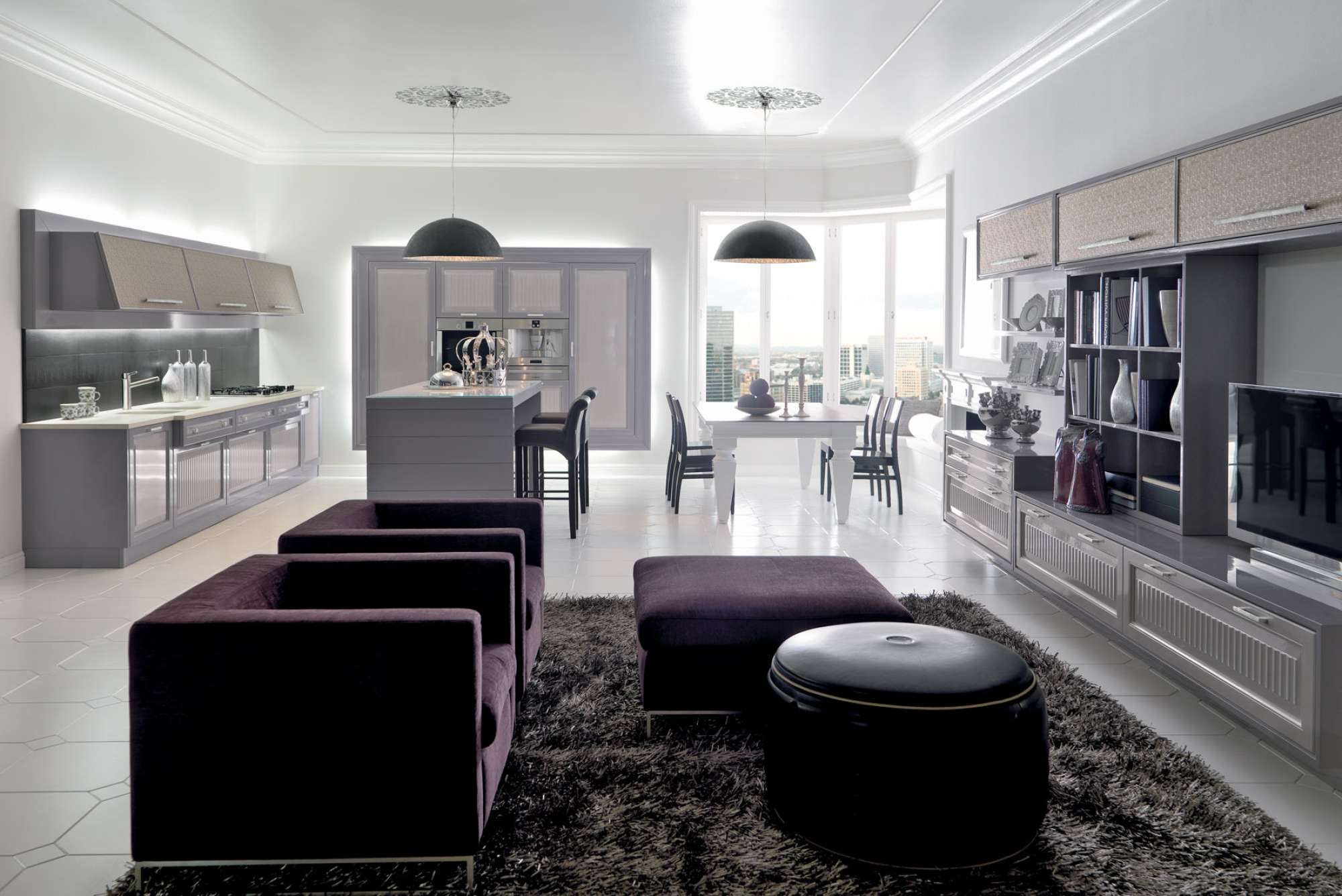 Mobili per zona giorno classico di lusso su misura, colore grigio e viola, design Martini Verona