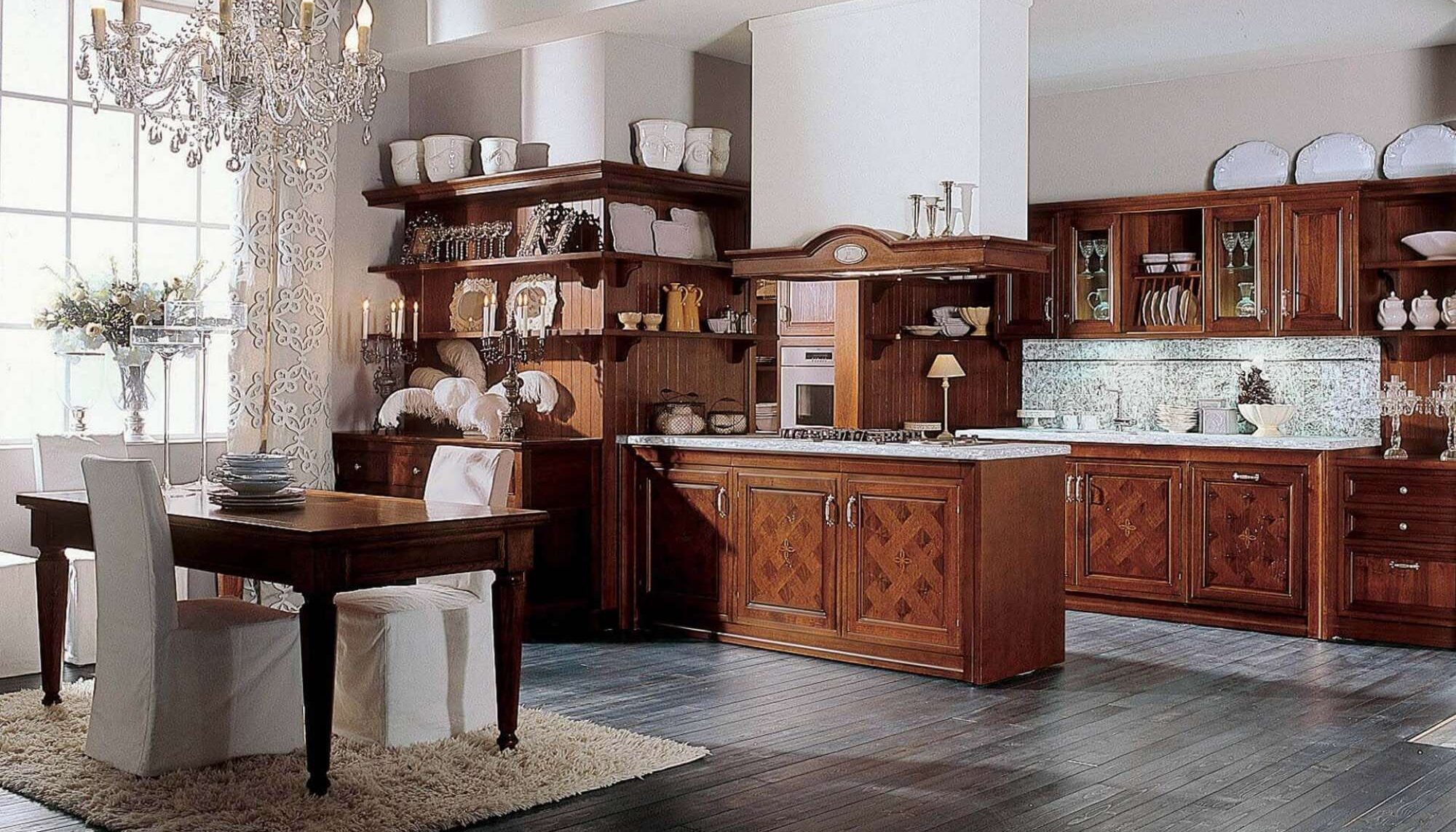 Cucina e sala da pranzo su misura di lusso in legno massiccio di noce, design Martini Verona
