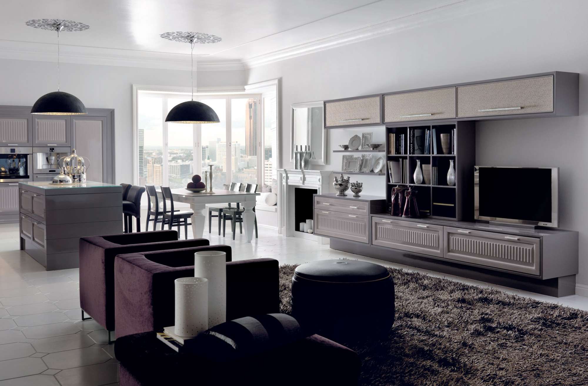 Mobili per zona giorno classico di lusso su misura, colore grigio e viola, design Martini Verona