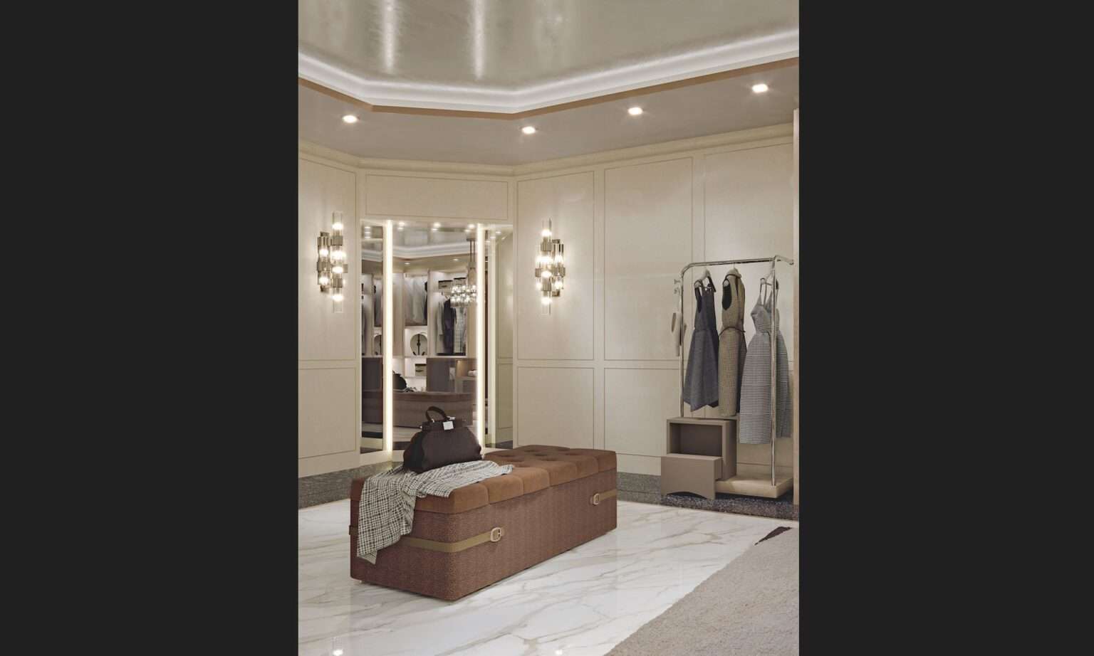 Cabina armadio su misura di lusso con finiture avorio perlato e rame, design Martini Verona