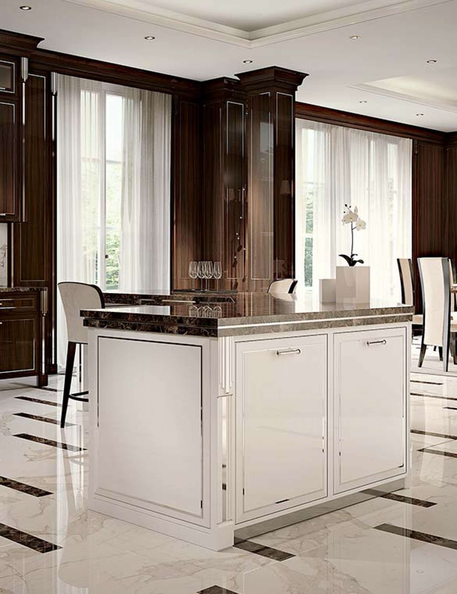 Cucina con isola su misura laccatura bianca in ebano, finiture in palissandro indiano e inserti in acciaio, design Martini Verona