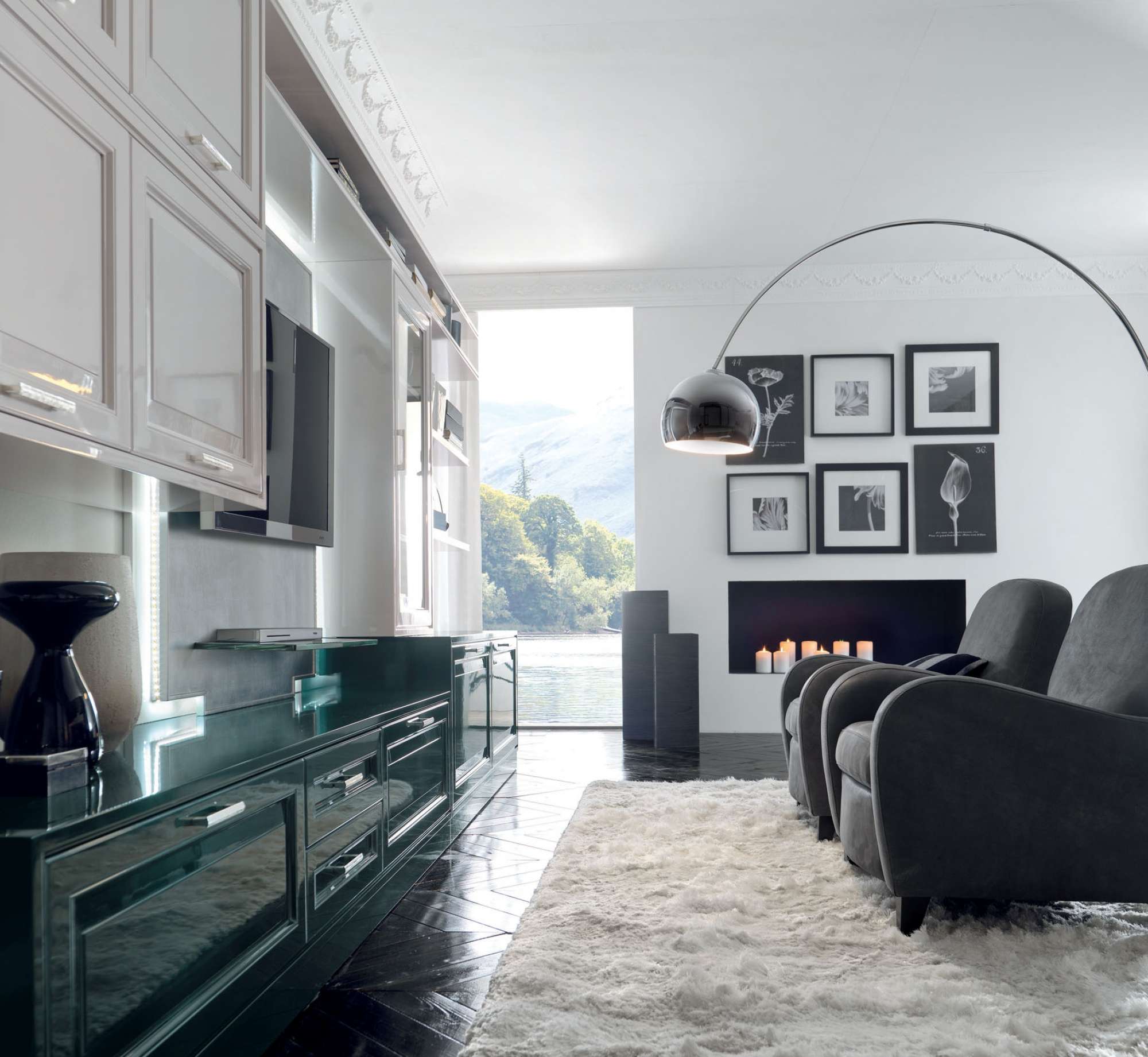 Mobili per zona giorno classico di lusso su misura, colore grigio e verde, design Martini Verona