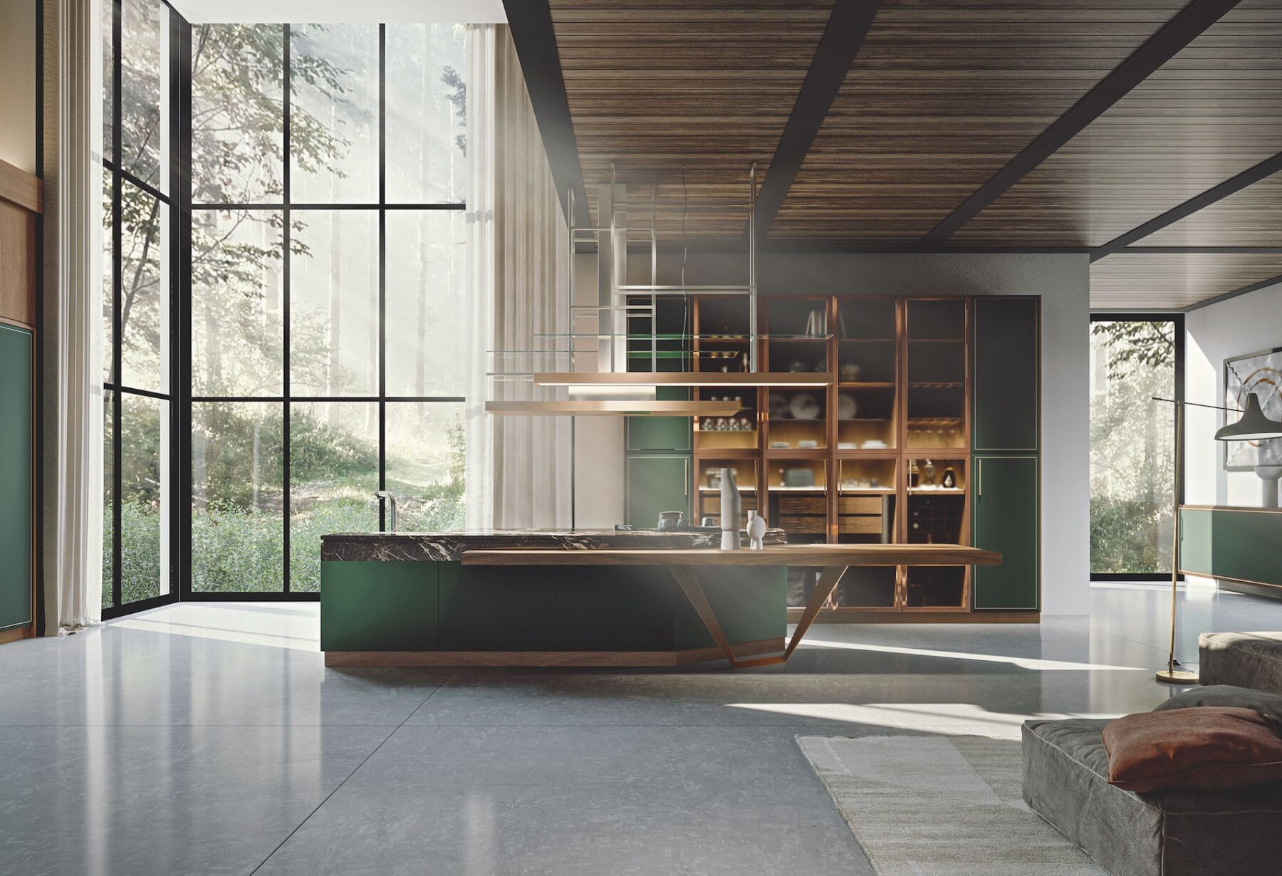 Cucine su misura di lusso. Cucina Essenza Supernatural by Martini Interiors. Cucina moderna decorata. Cucina in in legno massiccio. Cucina con metallo lucido. Cucina lucida. Essenza Supernatural Creta e Noce. Cucina moderna con acciaio.