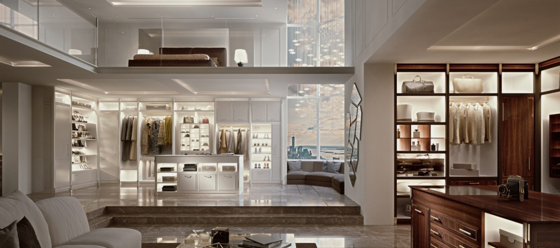 Cabina armadio su misura di lusso con finiture laccato bianco e acciaio lucido, design Martini Verona