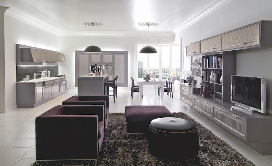 Martini Verona – cucina su misura contemporanea con zona living integrata e finiture laccate lucide