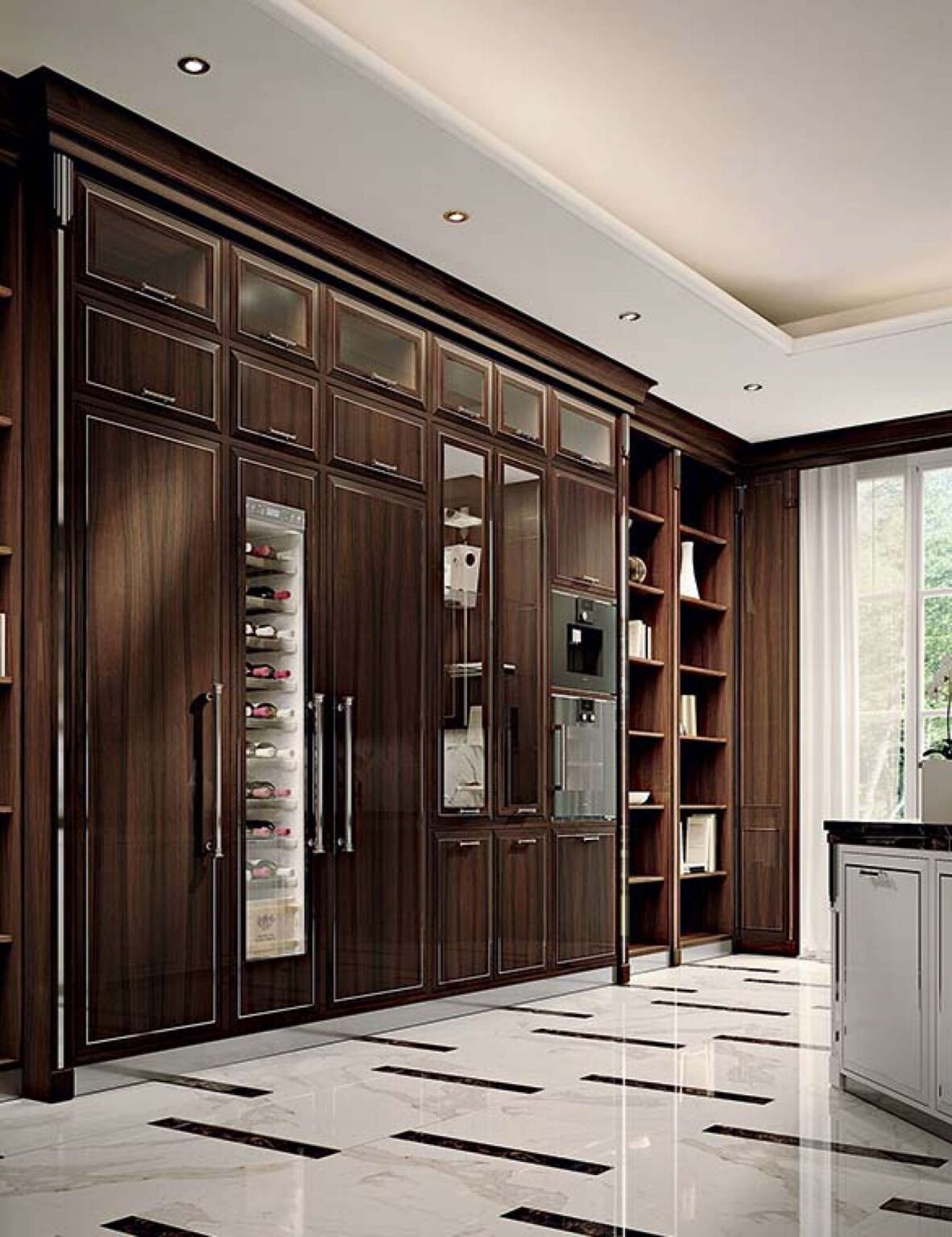 Cucina con isola su misura con finiture in palissandro indiano e inserti in acciaio, design Martini Verona