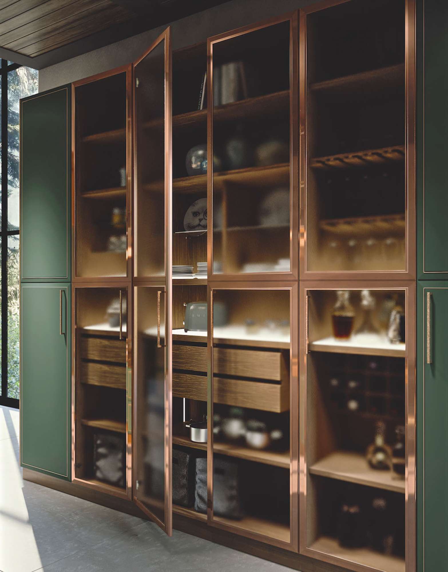 Cucina su misura moderna di lusso con finiture verde giada matte e rame, design Martini Verona