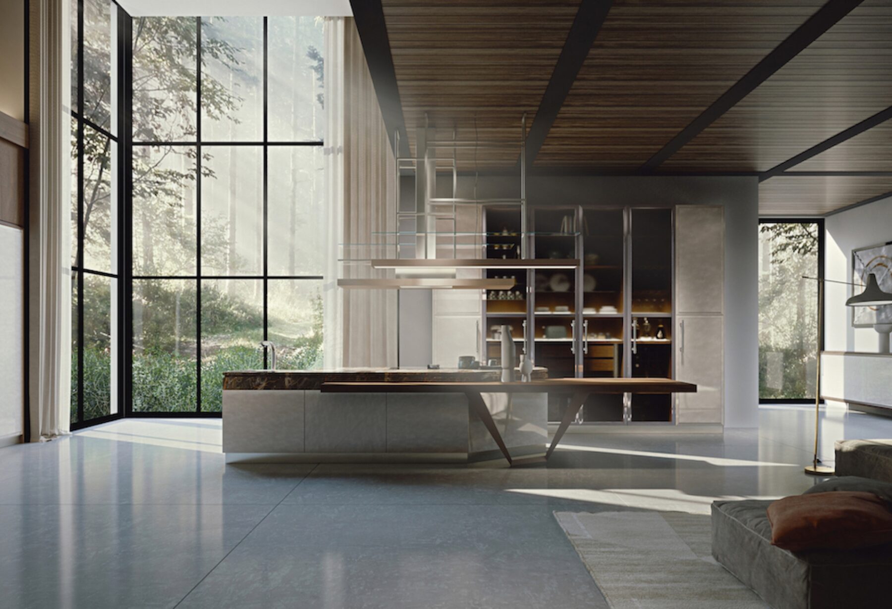 Cucina con isola su misura con finiture madreperla e noce, design Martini Verona