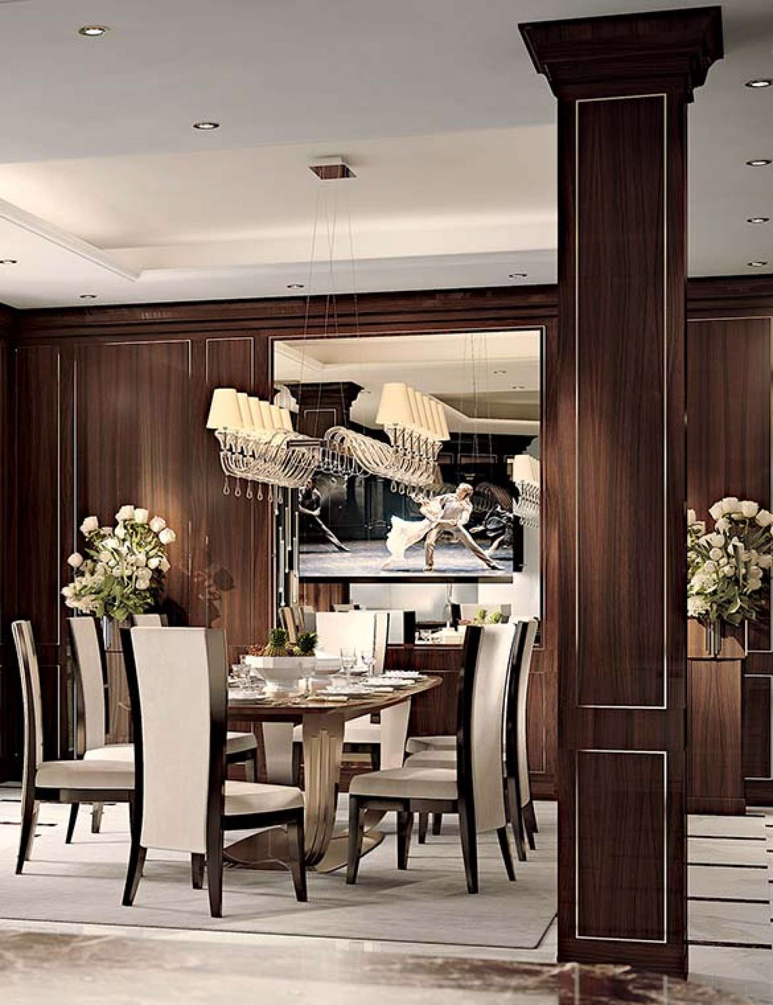 Cucina con isola su misura con finiture in palissandro indiano e inserti in acciaio, dettaglio sala da pranzo, design Martini Verona