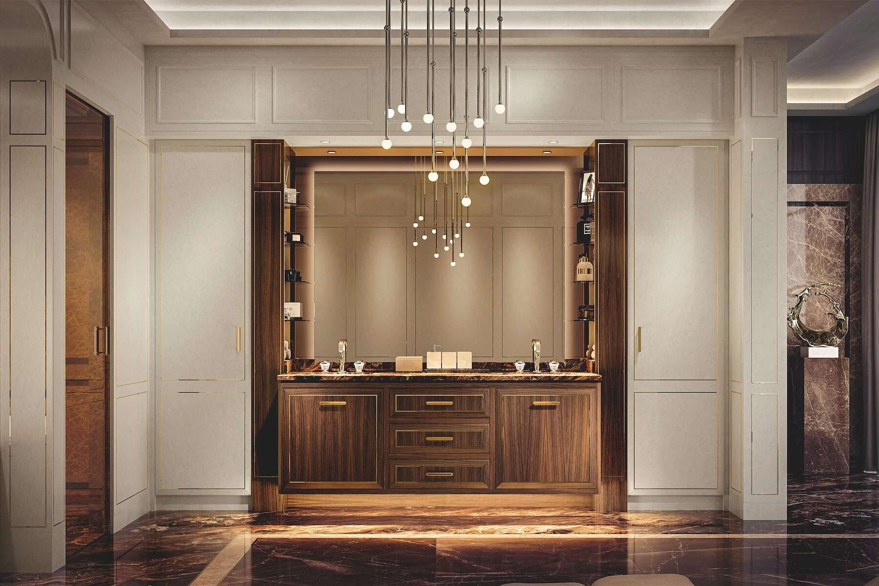 Mobili per bagno moderno di lusso su misura, arredo in palissandro India e finiture in ottone. Design Martini Verona