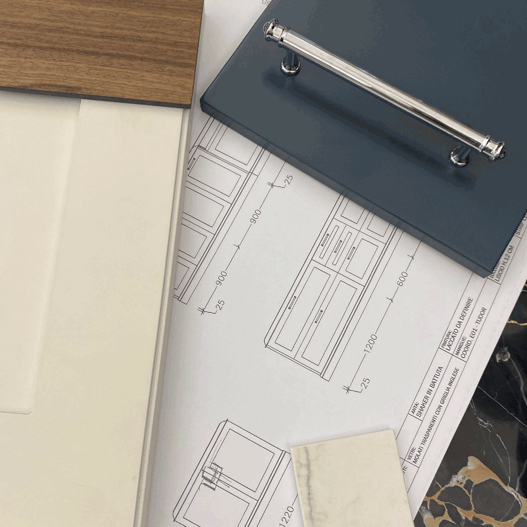 Abbinamenti di materiali per cucina su misura progettata da Martini Verona sul Lago di Garda