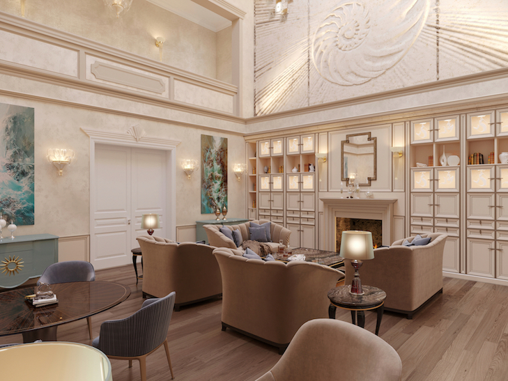 Arredamento su misura a Ginevra con salone e camino centrale realizzato da Martini Verona