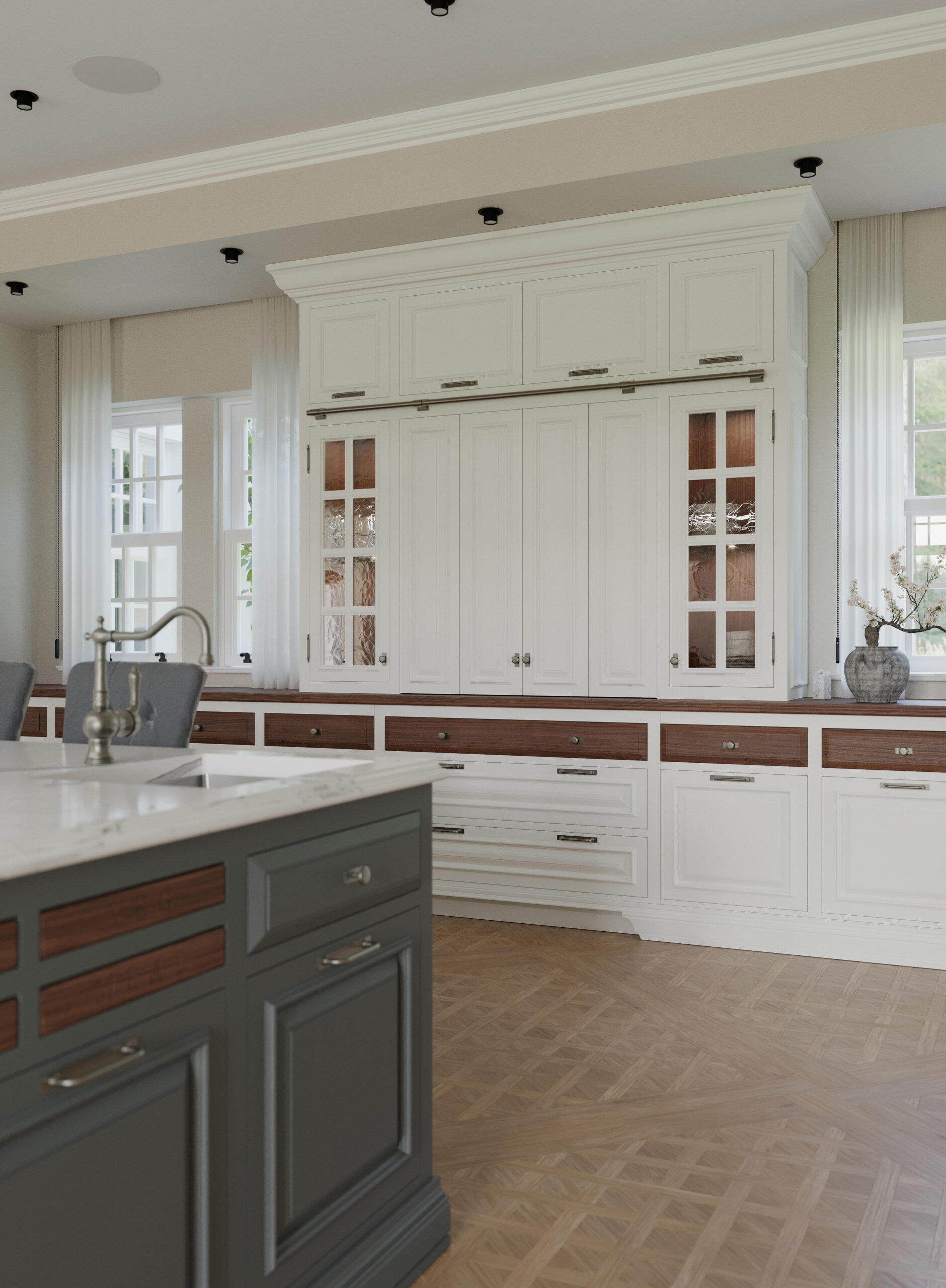 Cucina classica Shaker Mary su misura realizzata da Martini Verona, parete attrezzata con vetrine, cassettiere e finiture artigianali – martini-verona.it